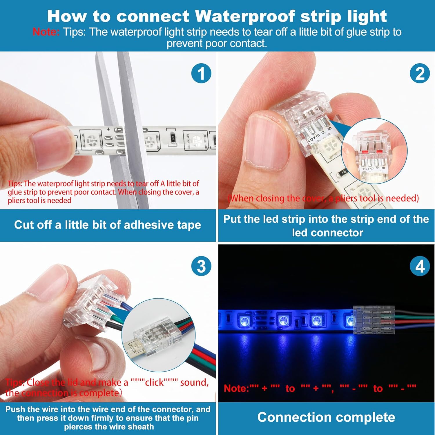 20-Pack 4 Pin 10mm LED Strip Connectors for 10mm Waterproof or Non-Waterproof SMD RGB 5050/3528 LED Strip Lights, Solderless Quick Strip to Wire Connector 5V-36V 5.5A
