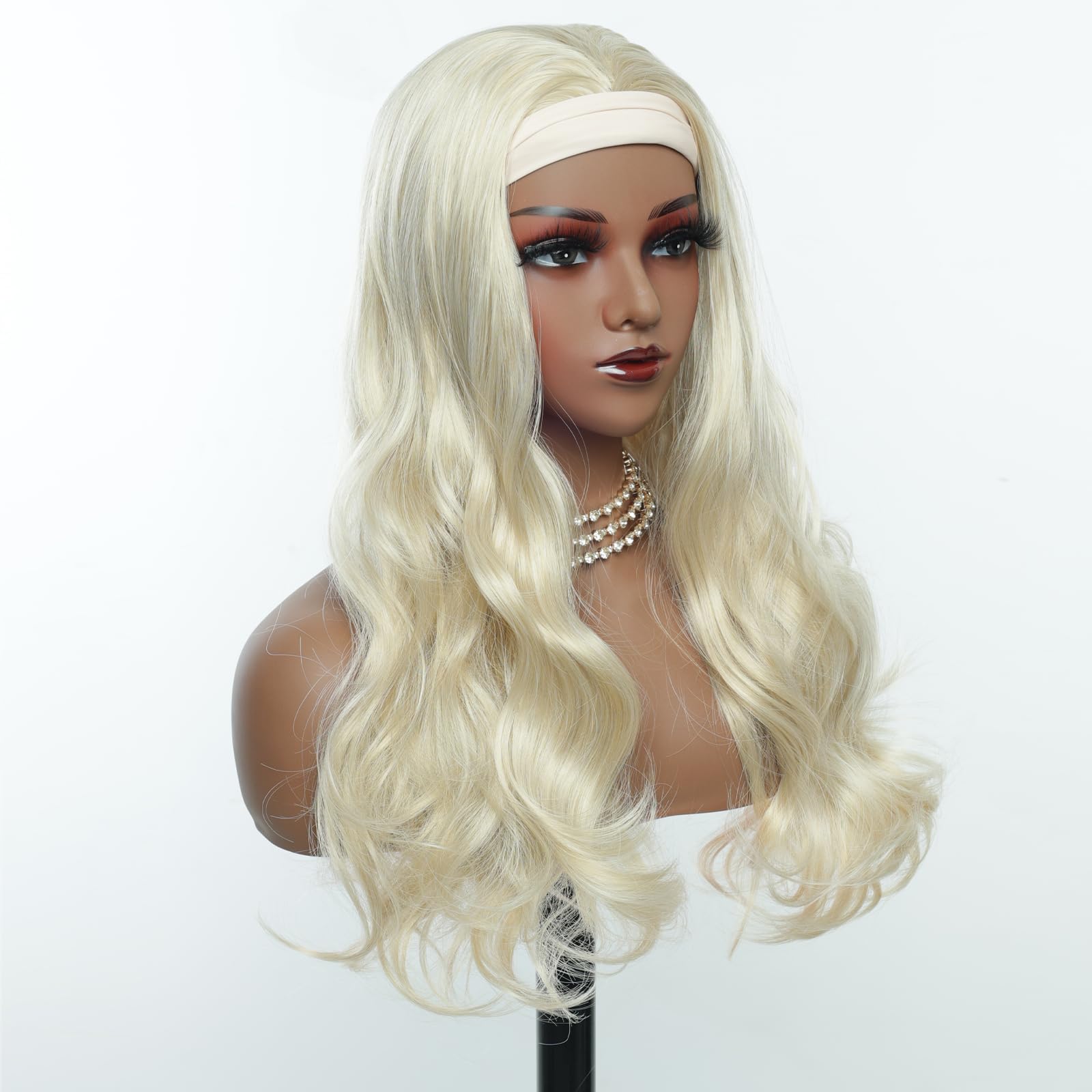 Creamily Long Body Wave Headband Wig, 26 Inch Synthetic Loose Body Wavy Platinum Blonde Headband Wig for Women - Image 3