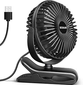 BESKAR Small Clip-On Fan, 3 Speeds USB Desk & Clip Fan with Sturdy Clamp, Ultra Quiet Operation