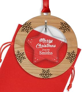 Family Merry Christmas Happy Xmas Tree Decoration Ornament Bauble - Cherry Veneer and Acrylic Engraved Christmas Tree Ornament - Keepsake Christmas Gifts Presents