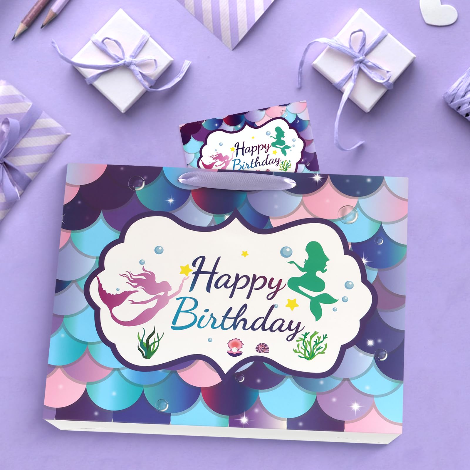 JMANNI Large Happy Birthday Gift Bag with Tissue Papers and Greeting Card,Portable Paper Mermaid Gift Bags with Handles,Purple Present Bags for Women Girls Birthday Party Supplies13 x 10.2" x4.7"
