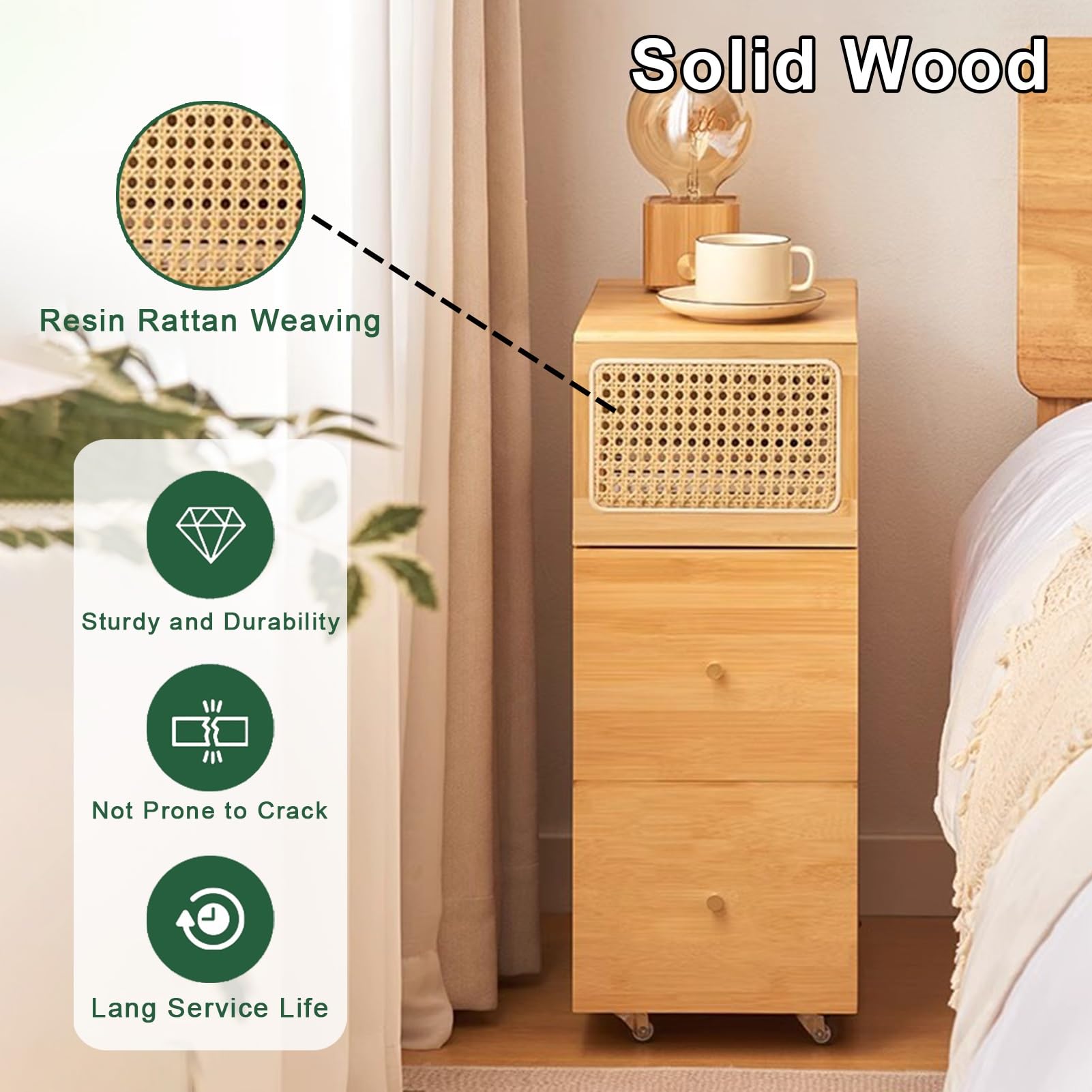 Mesita De Noche Estrecha De Madera Maciza con Ruedas Universales Y Cajones para Dormitorio, Sala De Estar Y Dormitorio.