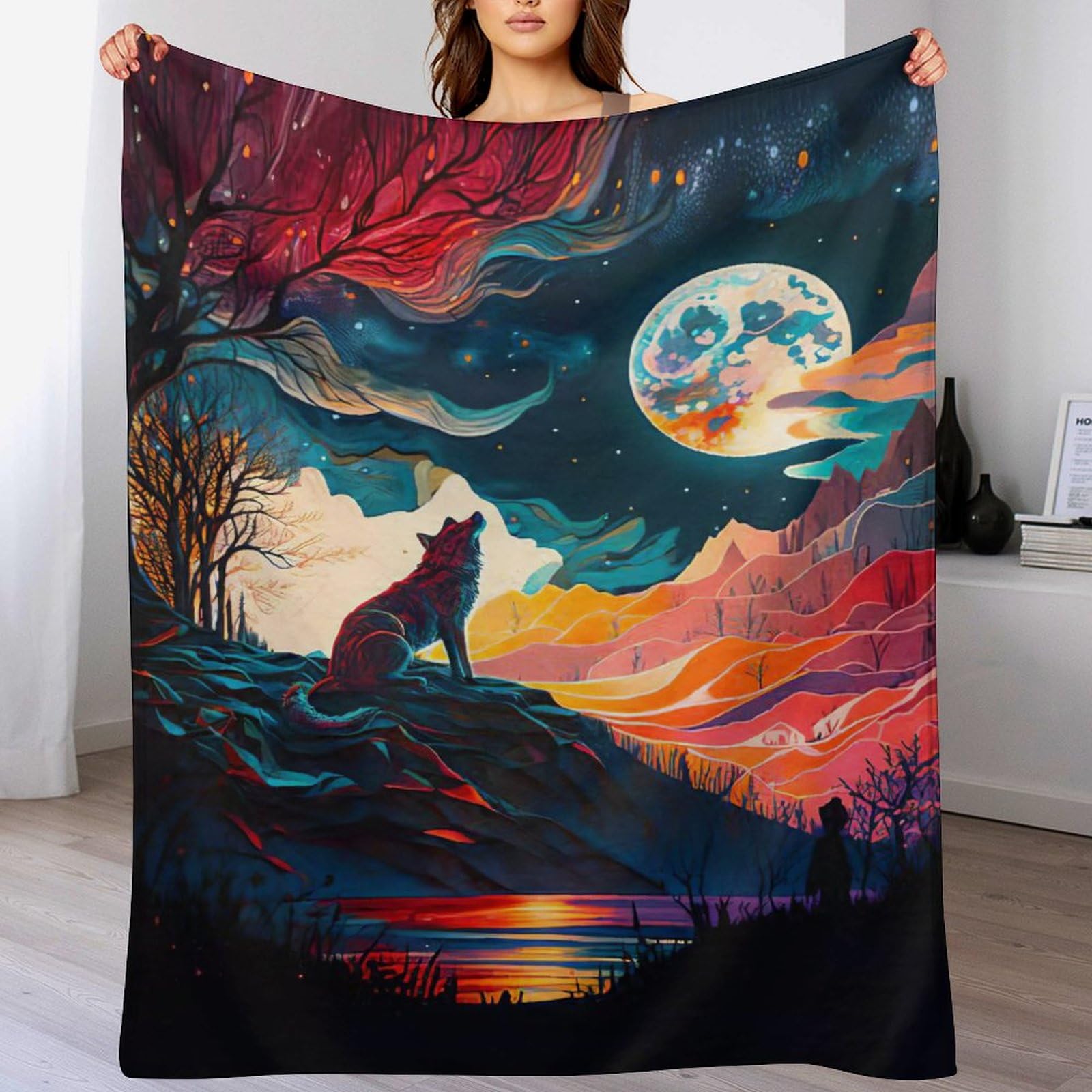 Plaid loup en flanelle polaire chaude pour cocooning canapé et jardin