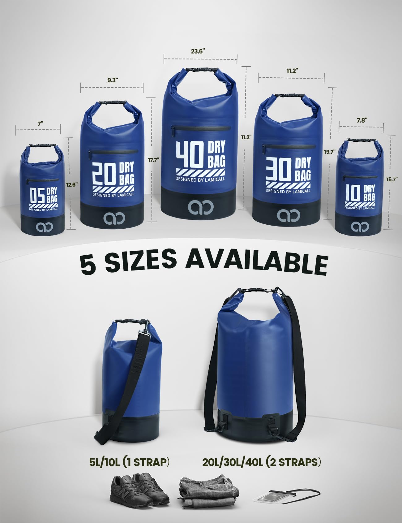 Lamicall Wodoodporna torba 5 l/10 l/20 l/30 l/40 l - [zawiera wodoodporną obudowę na telefon IPX8] wytrzymała i odporna na zarysowania, torba na wodę z regulowanymi paskami na ramię, sucha torba na