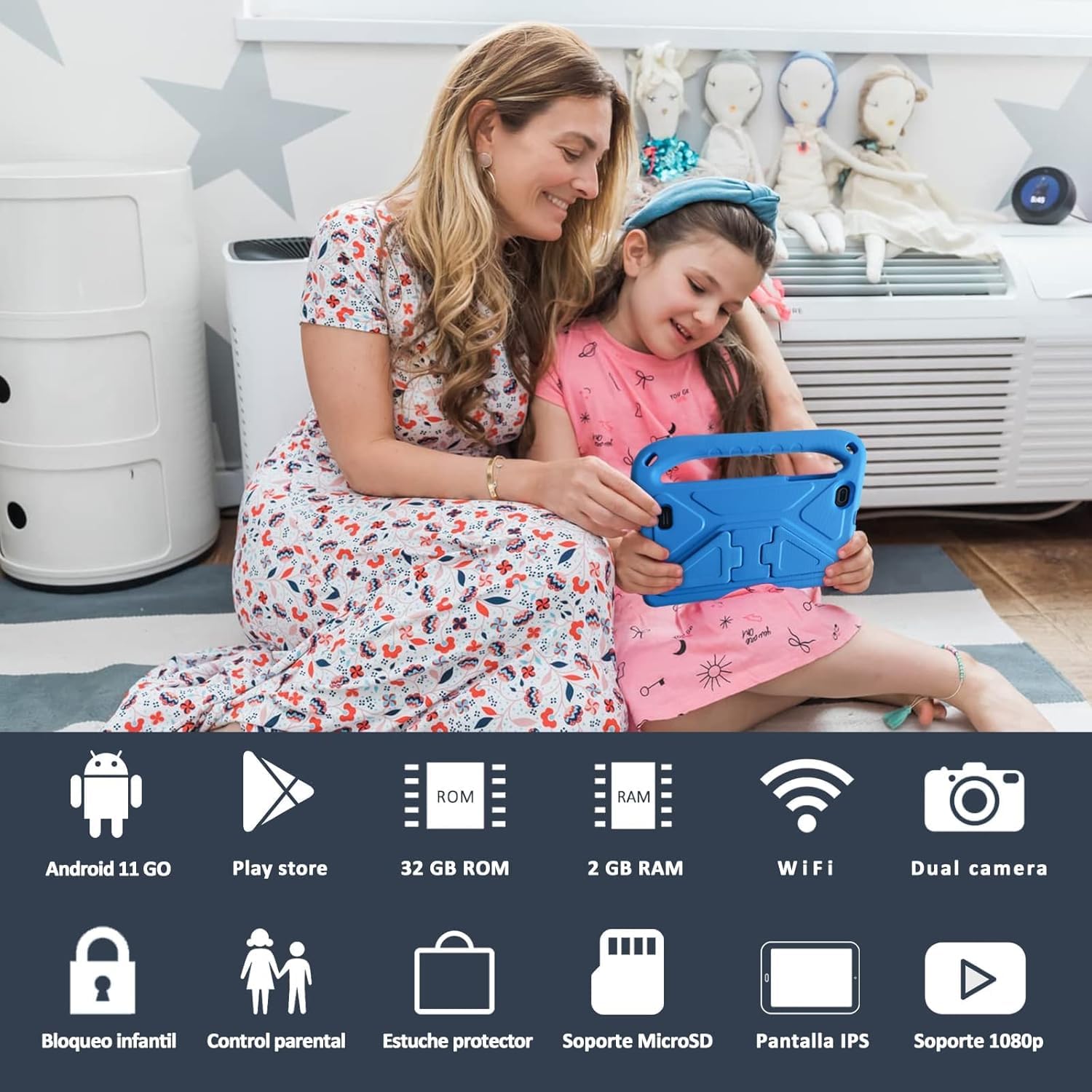GOODTEL Tablette Enfants Android de 7 Pouces, 32Go ROM, WiFi, Bluetooth, GPS, Play Store Installé, Double Caméra, Contrôle Parental, Emplacement MicroSD, avec étui pour Tablette -Bleu