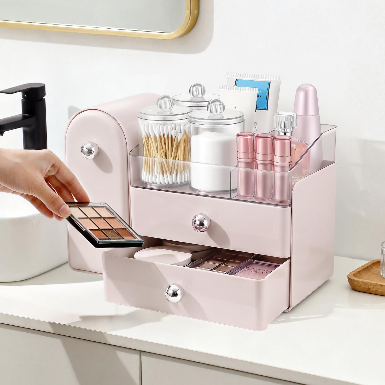 TRQWRO Makeup Organizer Countertop with Makeup Brush Holder,Pink view 5