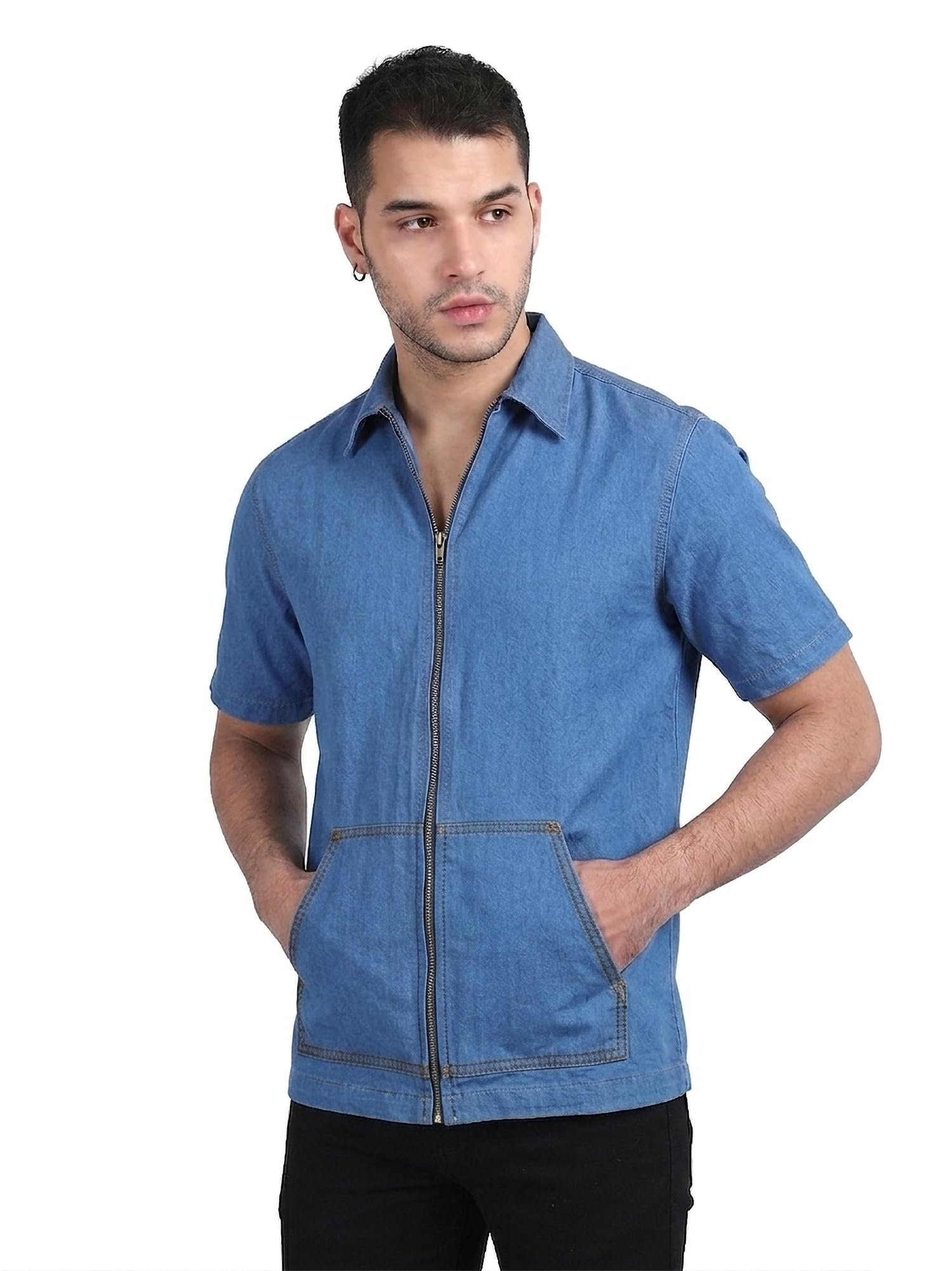 aol Men's Short Sleeve Denim Zip-Up Shirt with Collar, Lightweight Chambray Casual Buttonless Shirt with Front Pockets-picture-49
