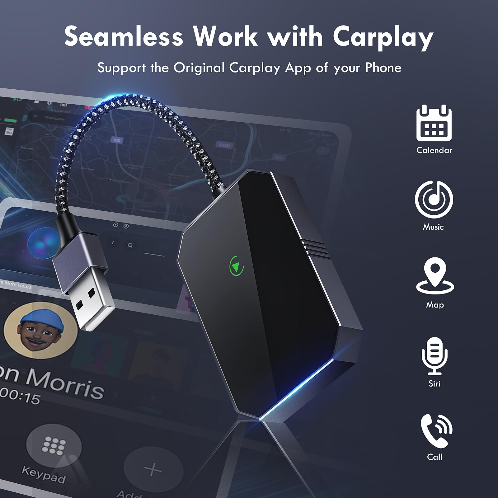 Adattatore Wireless CarPlay per iOS, Adattatore Wireless i-Phone Auto Converte CarPlay Cablato in Wireless, Plug and Play, USB C a A Dongle Wireless CarPlay Adatto per il 90% delle Auto