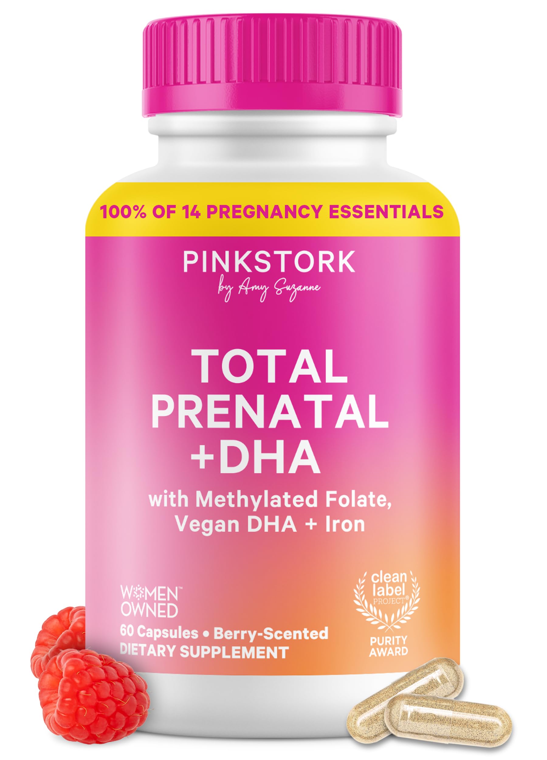 Total Prenatal Vitamins with DHA, Doctor Recommended Nutrition Support for Before, During, After Pregnancy, Contains Folate, Zinc, Iron & Essential Nutrients (60 Capsules, Berry Essenced)