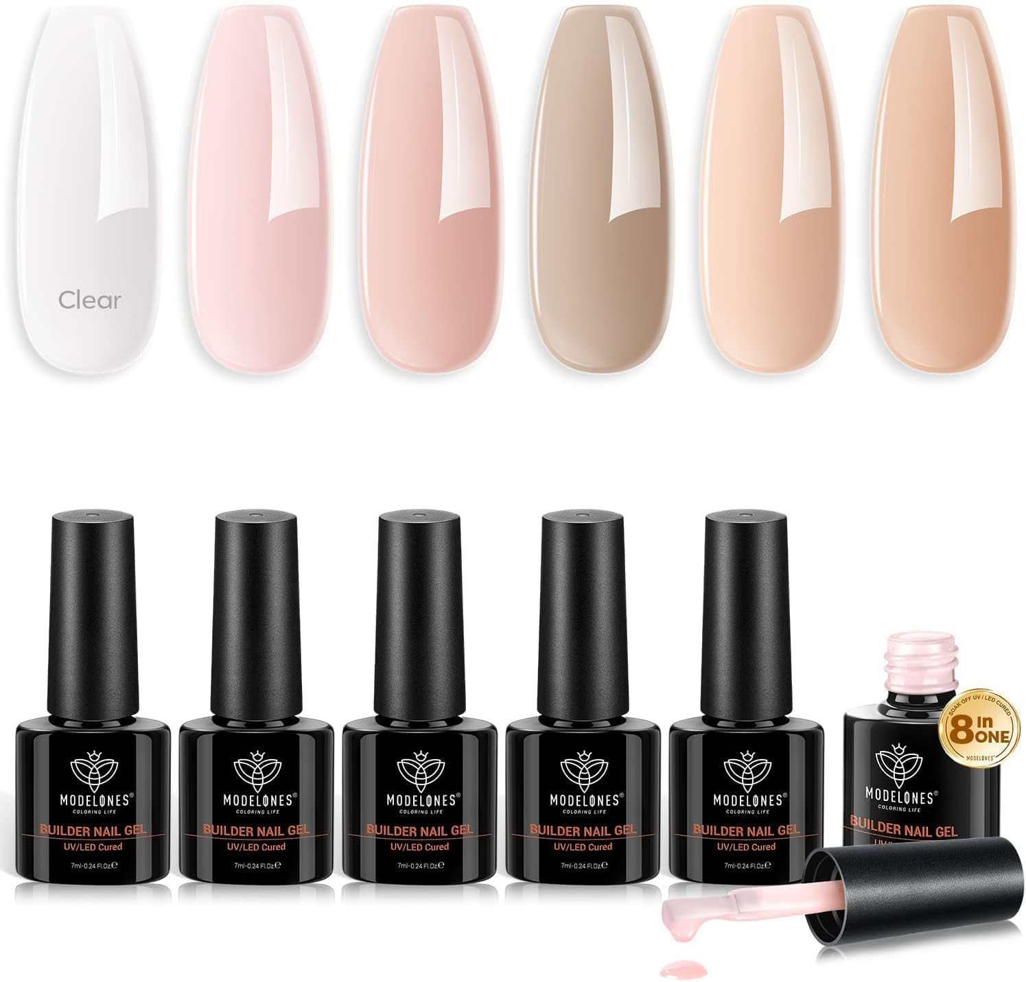 Modelones Builder Gel 6 kleuren, 8-in-1 gelpose Americaine, Hard Gel Builder Gummy Base nagelversterker, Extension Base Gel Rubber Base Pose Americaine, gelconstructie, Gel X Nail Art