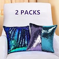 Vista 29 de MOCOFO Juego de 2 fundas de almohada reversibles con purpurina primaveral, diseño de sirena, con lentejuelas mágicas, color verde azulado