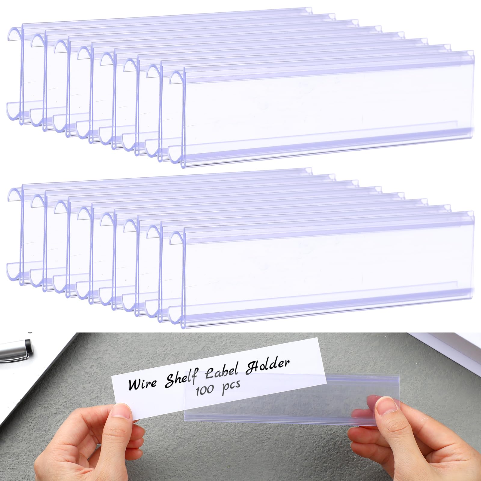 Kathfly 100 Pcs Wire Shelf Label Holder 6"x1.25" Extended Clear Rack Ticket Label Holder with Paper Insert Area Plastic Basket Clips on Compatible with 1-1/4 Inch Shelf Tags Thick