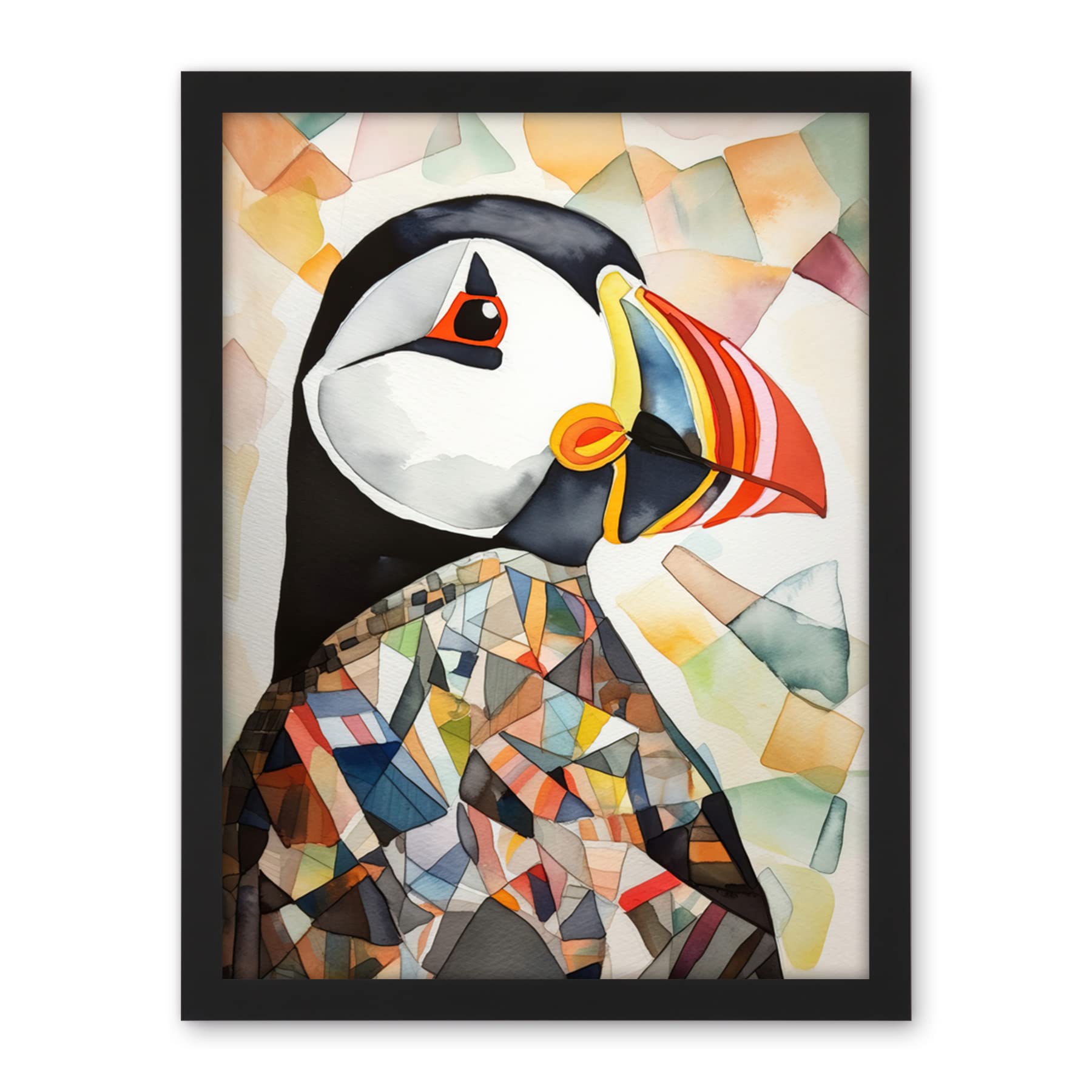 Artery8 Puffin Bird Abstract Portrait Folk Art Artwork Framed Wall Art Print 18X24 Inch