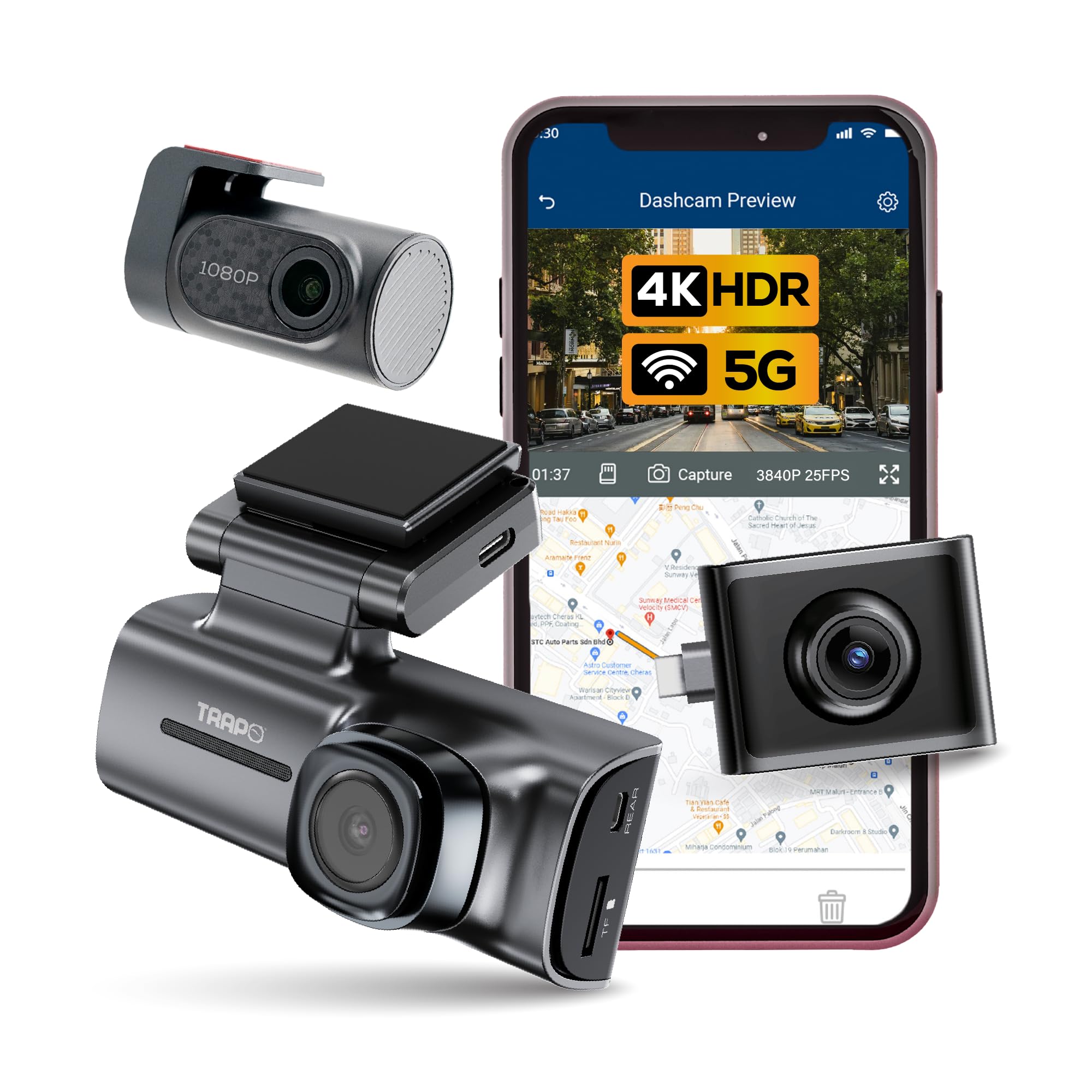 Trapo i-Sight S550 – Dash Cam Front and Rear Plus Cabin for Cars. Dash Camera for Cars with 60fps, 4K Dashcam, Built-in GPS, Wi-Fi, Lane Departure