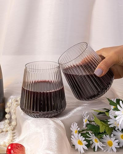 Miniatura 7 de Goodluck Paquete de 36 copas de vino de plástico sin tallo de 12 onzas  Copas transparentes acanaladas, elegantes vasos desechables reutilizables