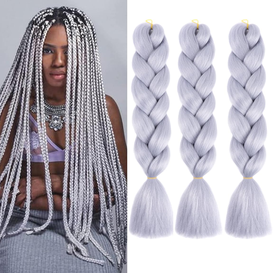 Jumbo Box Braiding Hair Extensions 24 Inch Sliver Gray Braiding Hair 3 Packs Twist Crochet Braids Hair Extension for Women High Temperature Synthetic
