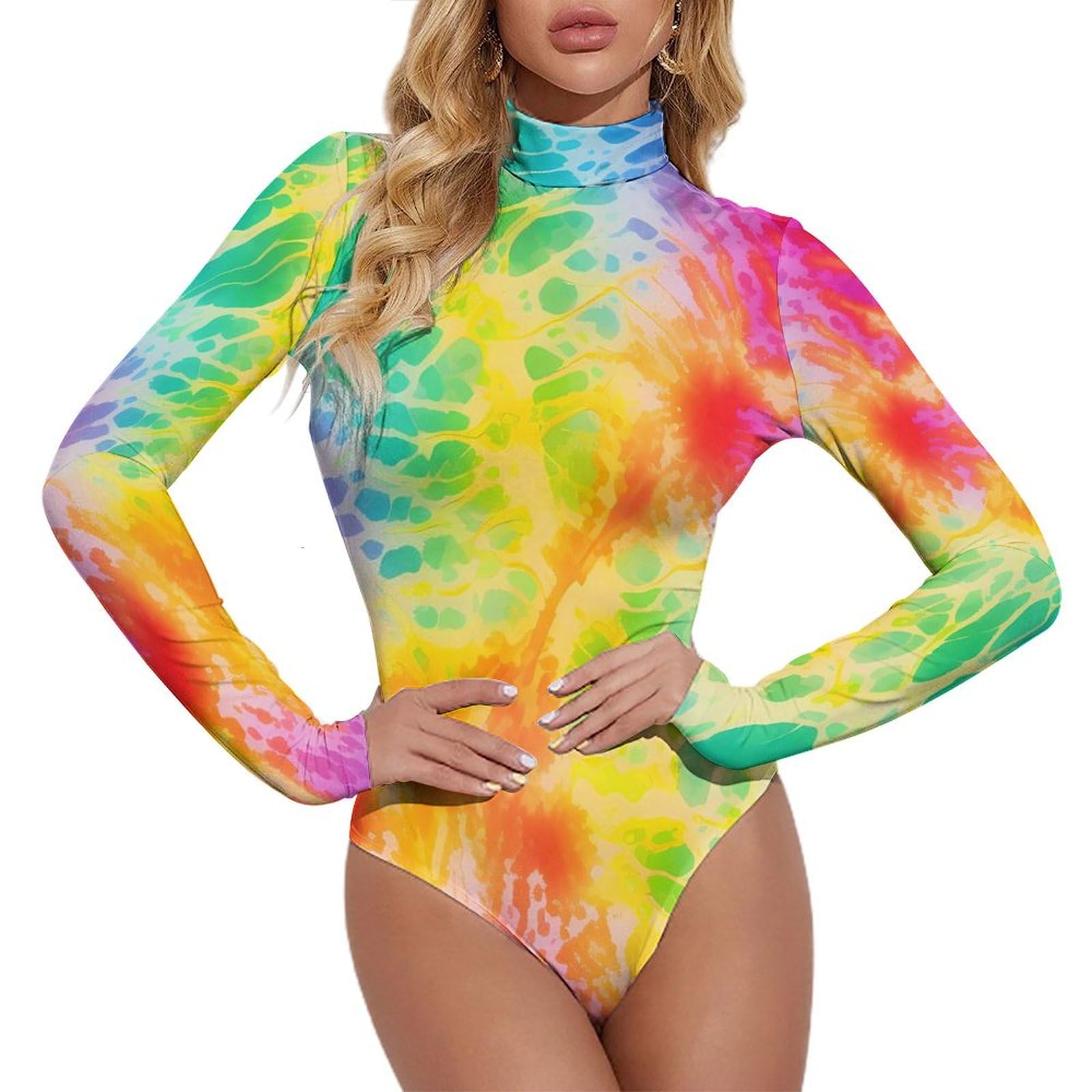 Rainbow Tie Dye Women's Long Sleeve Bodysuit Turtleneck Tops Basic Stretch Jumpsuit High Neck Thong T-Shirts