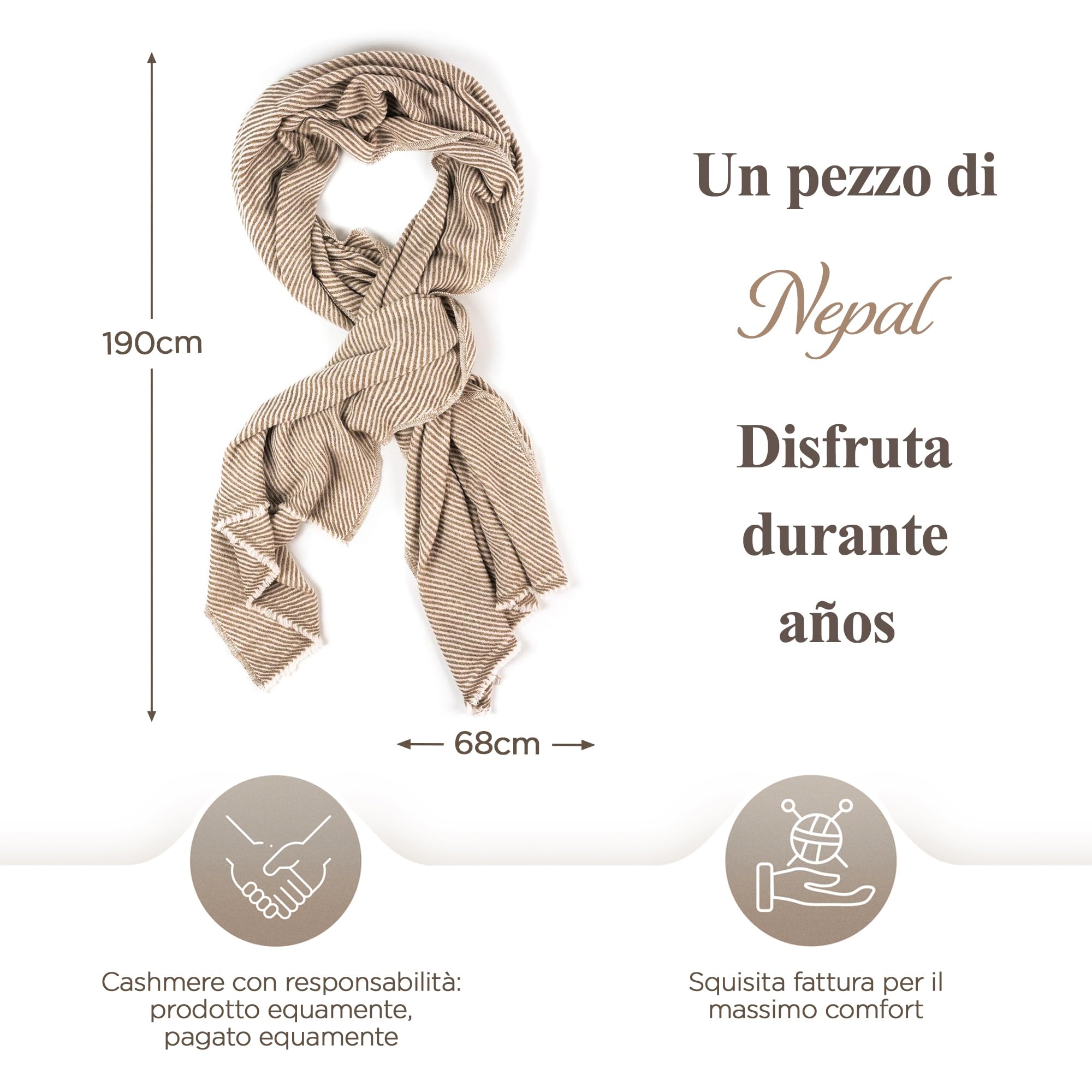 Sciarpa Unisex in Cashmere - Lana per Donna e Uomo, Leggera Con Motivo a Strisce - Avvolgente e Calda 68 x 190 cm, da Collo - Prodotto in Nepal