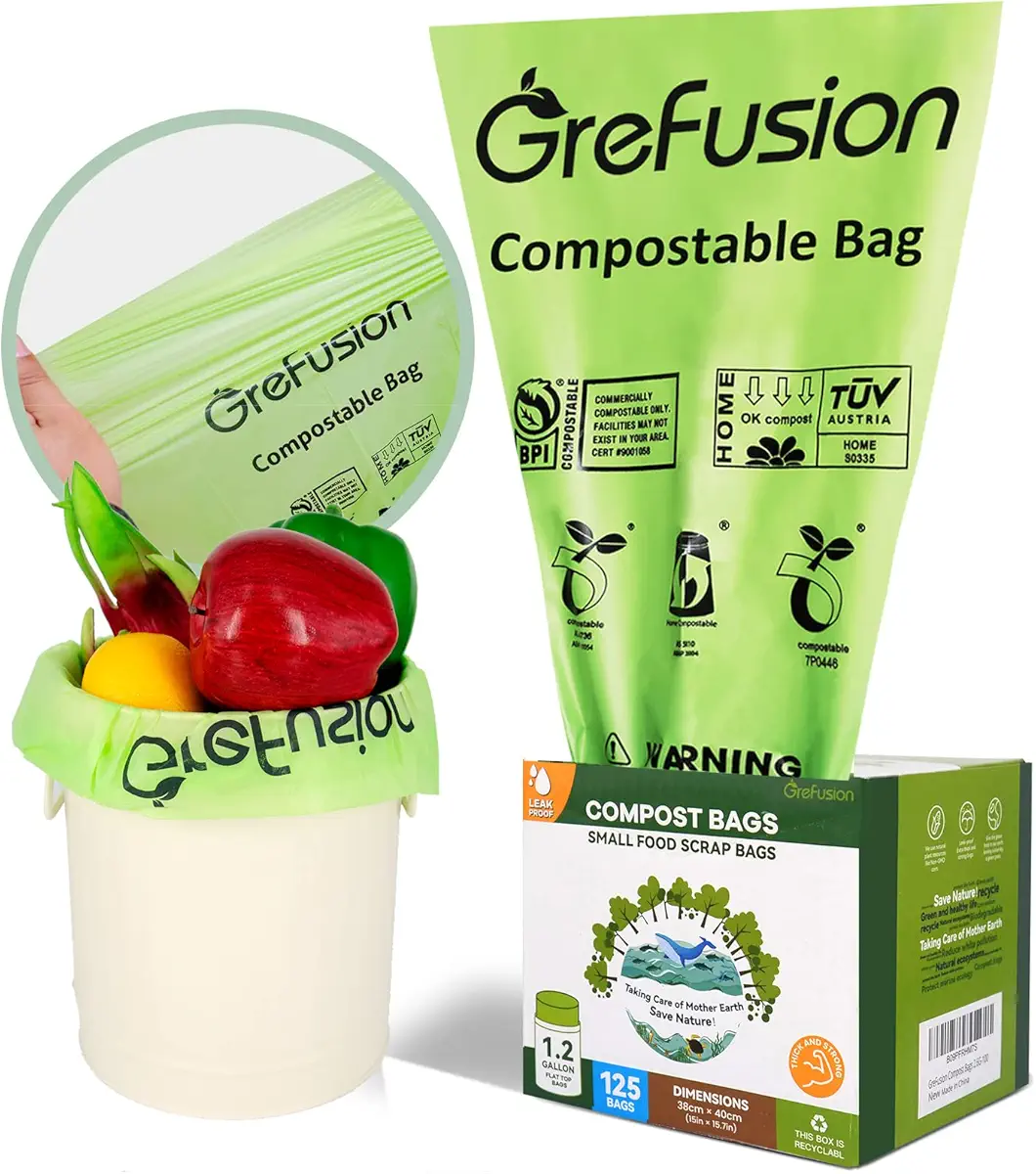 GreFusion Compostable Bags for Kitchen Compost Bin 1.2 Gallon,125 Count,Compost Food Scrap Waste Bags Fits 0.75,1,1.2,1.3 Gallon Countertop Bin,Compost Bags Certified by BPI,ASTM D6400 and OK Compost