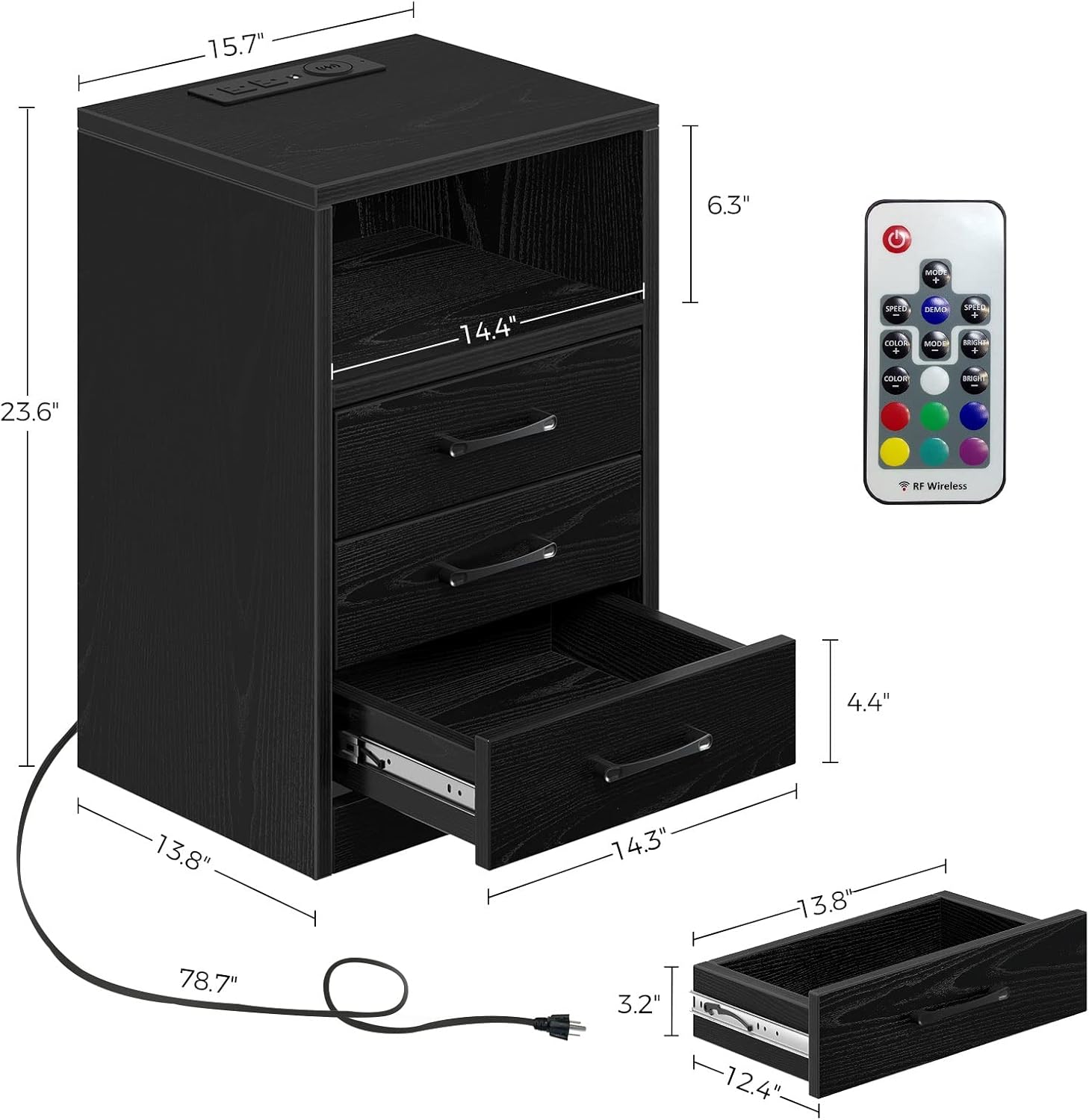 Rolanstar Nightstand -Tool Free Quick Install, with Wireless Charging Station and LED Lights, Modern End Table with 3 Drawers, Side Table for Bedroom,Black : Home & Kitchen