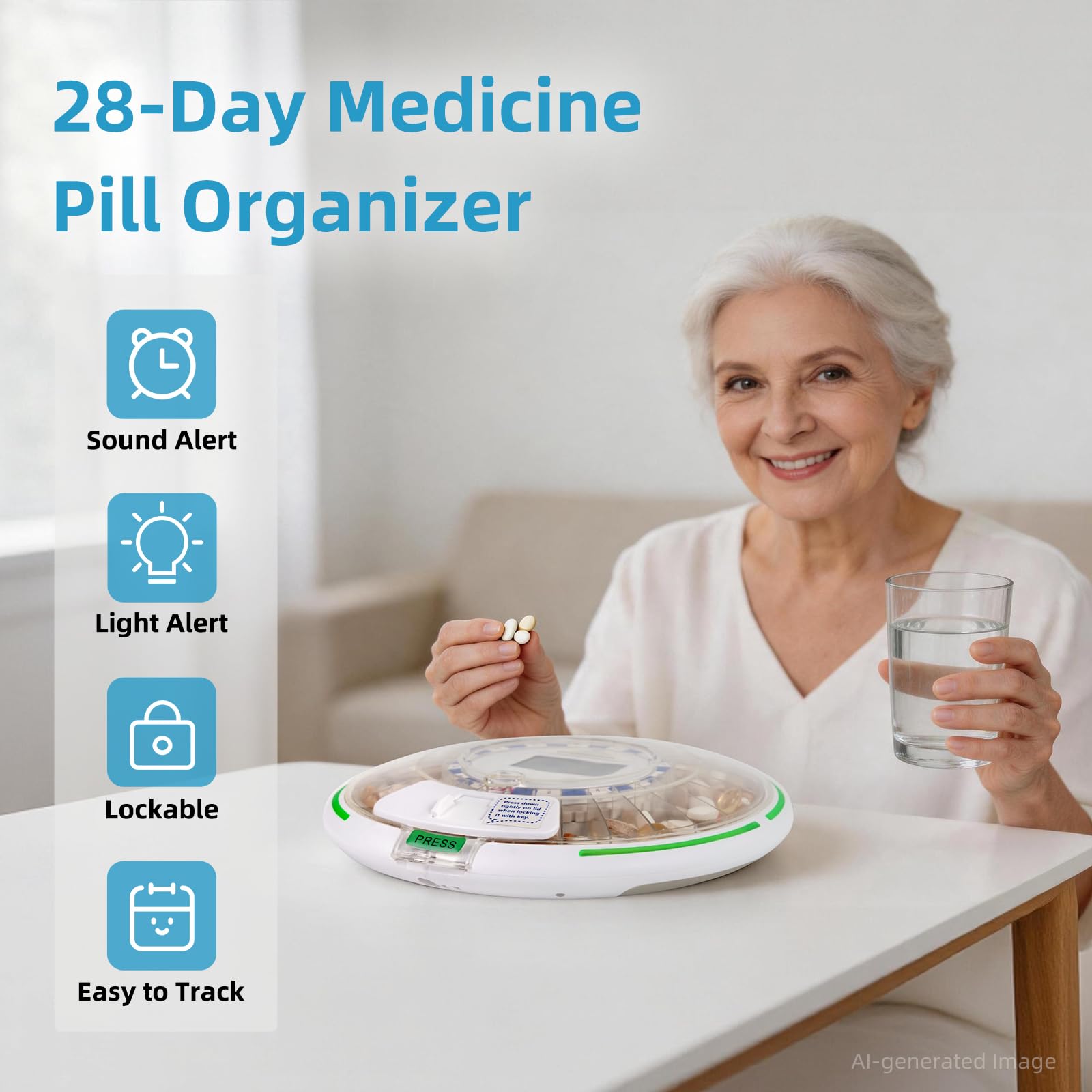 EziMedPil - Dispensador automático de pastillas con alarma, sonido y luz, hasta 6 alarmas/día, 6 plantillas de dosificación, pantalla Ezi-Read, tapa esmerilada y dispensador de medicamentos bloqueado