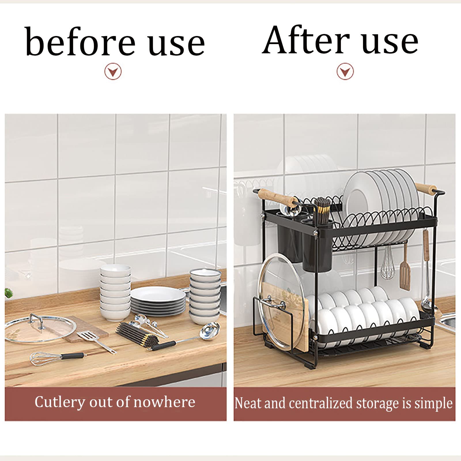 Escurridor de Platos de 2 Niveles de Acero Inoxidable, escurridor de Platos con Soporte para Utensilios y Cuchillos y Soporte para Tabla de Cortar, escurridor de Platos,
