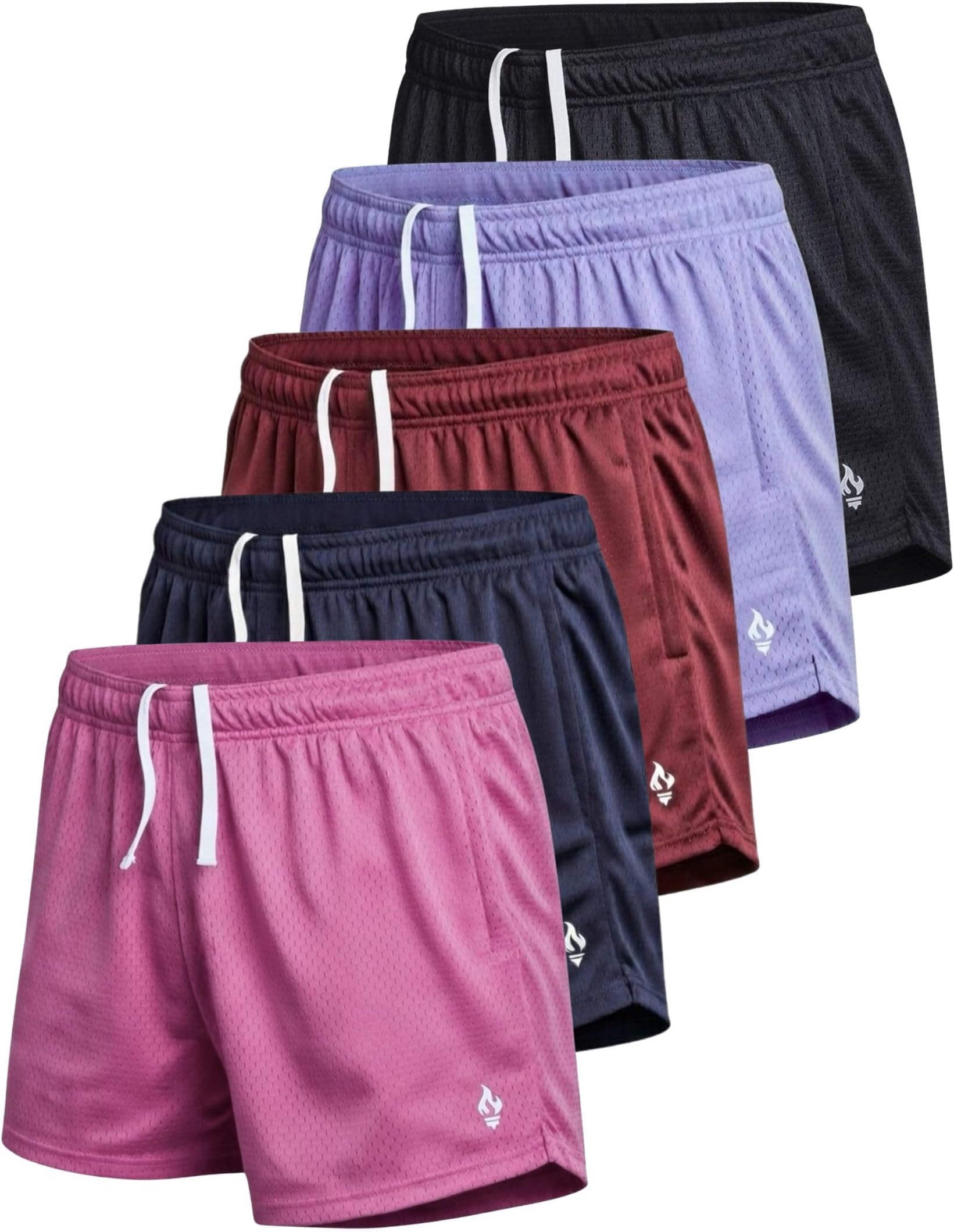5-Pack Women's Athletic Mesh Shorts 5" Inseam, Ladies Loose Pull-On Shorts with Zipper Pockets