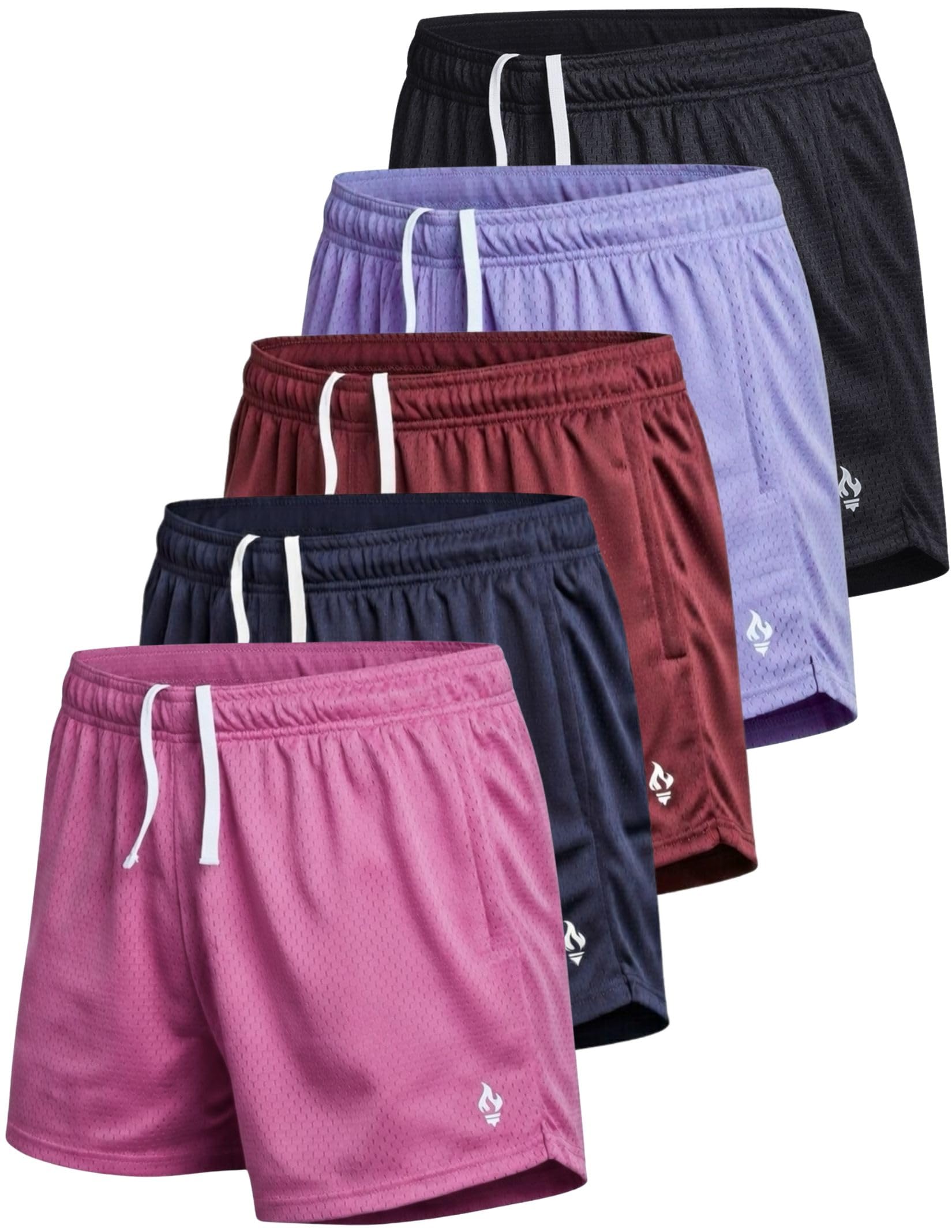 5-Pack Women's Athletic Mesh Shorts 5" Inseam, Ladies Loose Pull-On Shorts with Zipper Pockets