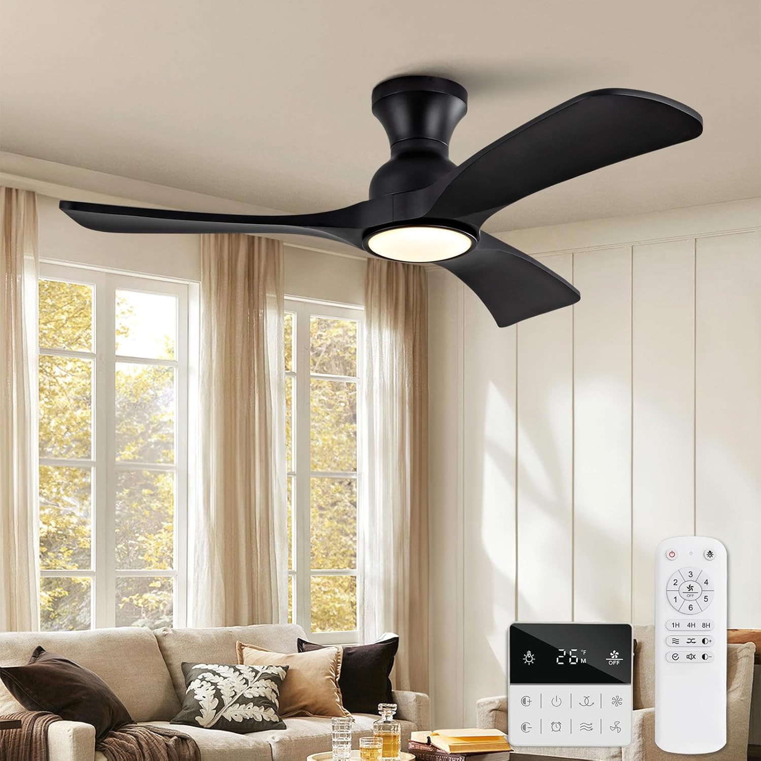 Black Ceiling Fans with Lights Flush Mount,42 inch Solid Wood,Remote Control,Wall Switch,Dimmable,Reversible,Noiseless,Power Off Memory Modern Ceiling Fan Low Profile for Bedroom Indoor/Outdoor Black Flush Mount 42 inch