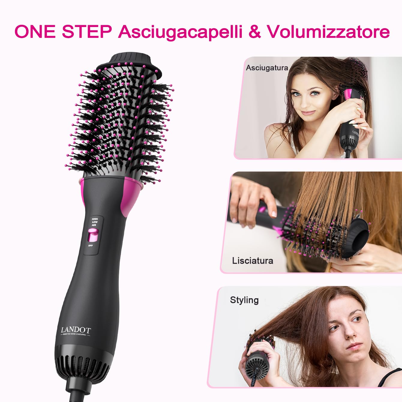 LANDOT Spazzola Asciugacapelli 3 in 1 Professionale | Tecnologia Ionica e Ceramica, Spazzola Phon Volumizzante per Capelli, 3 Temperature e 2 Velocità, Asciugatura e Styling Rapido
