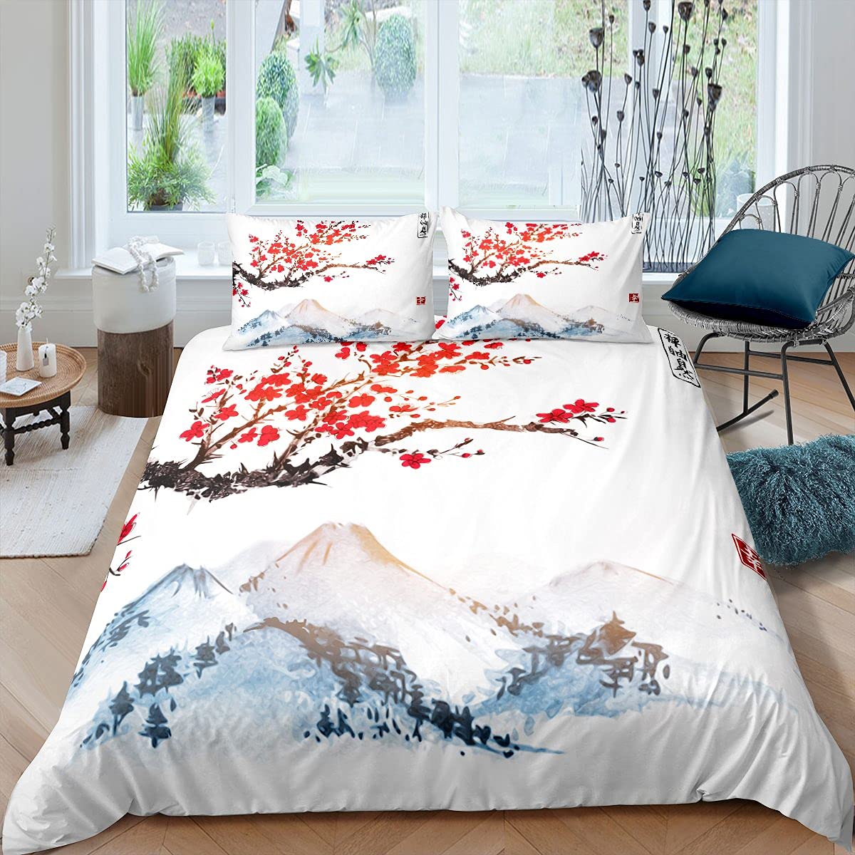 Housse de couette fleurs de cerisier King Size avec 2 taies d'oreiller