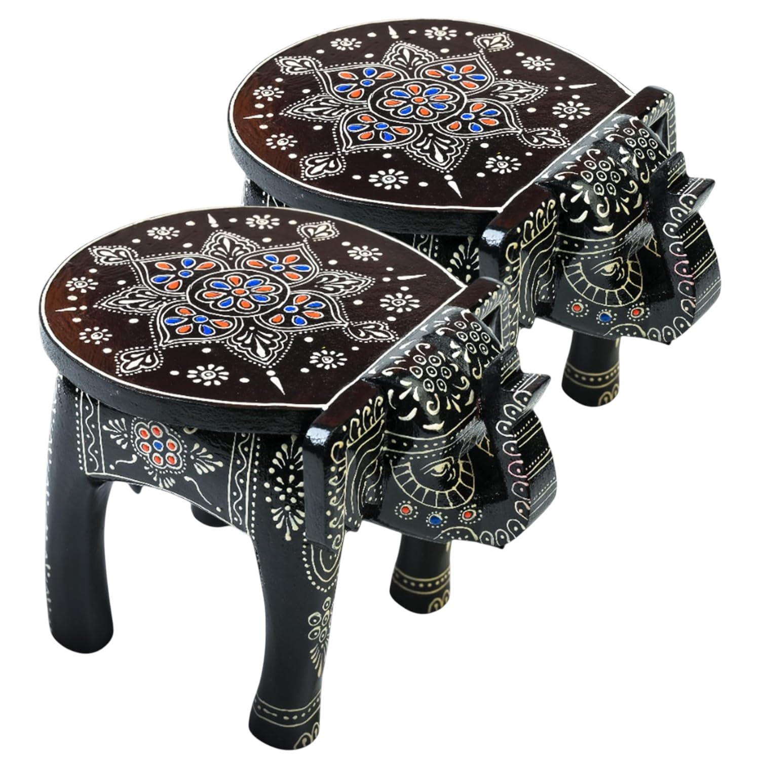 Handcrafted Wooden Elephant Artistic Stool Pack of 2, Hand-Painted Rajasthani Design, 20.3 x 20.3 x 25.4 cm, Multicolour Wood Stool Showpiece Wood Accent Furniture for Multi-Purpose (White)