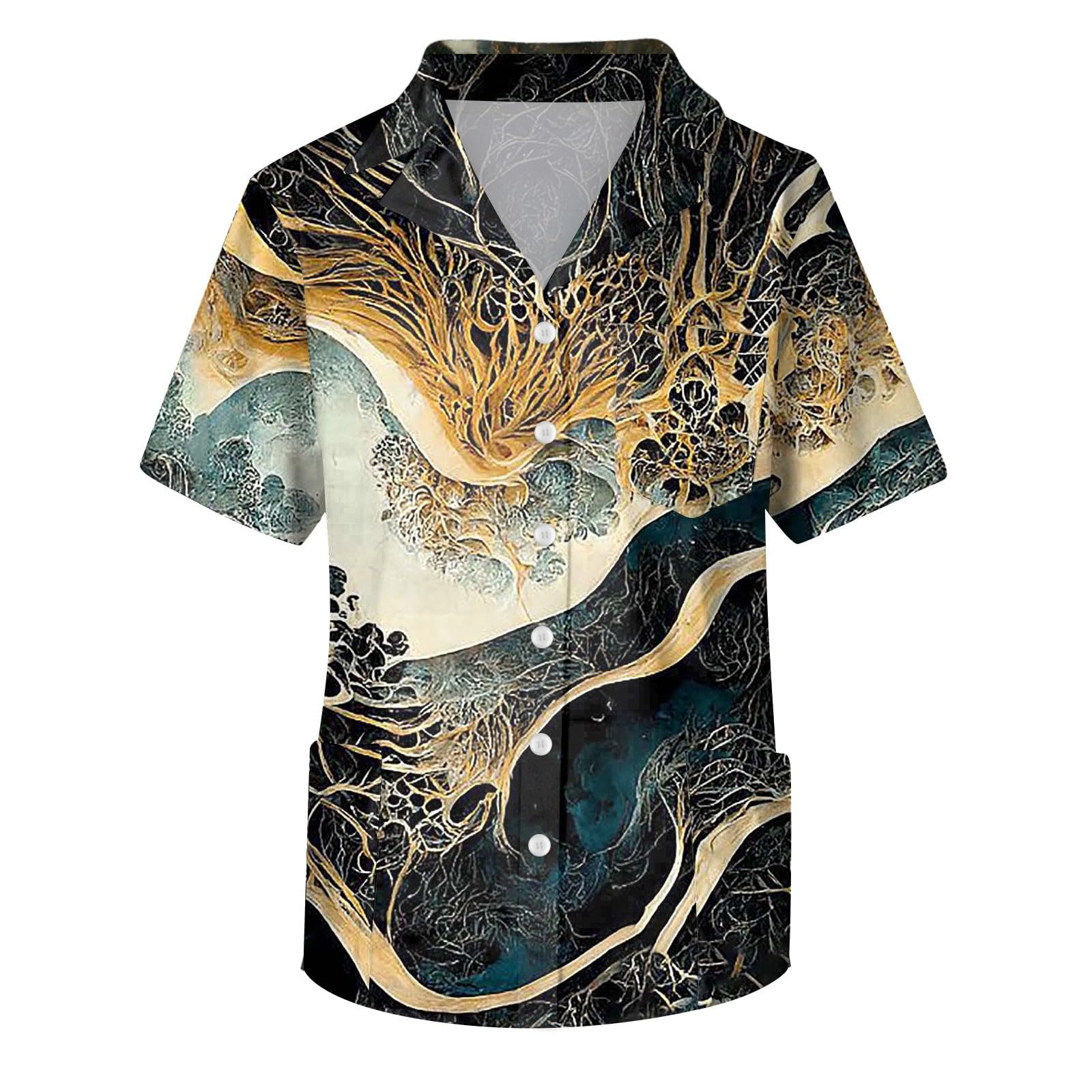 Mens Print Scrub Top,Short Sleeve V Neck Nursing Uniform Plus Size Working Uniform Button Down Shirts