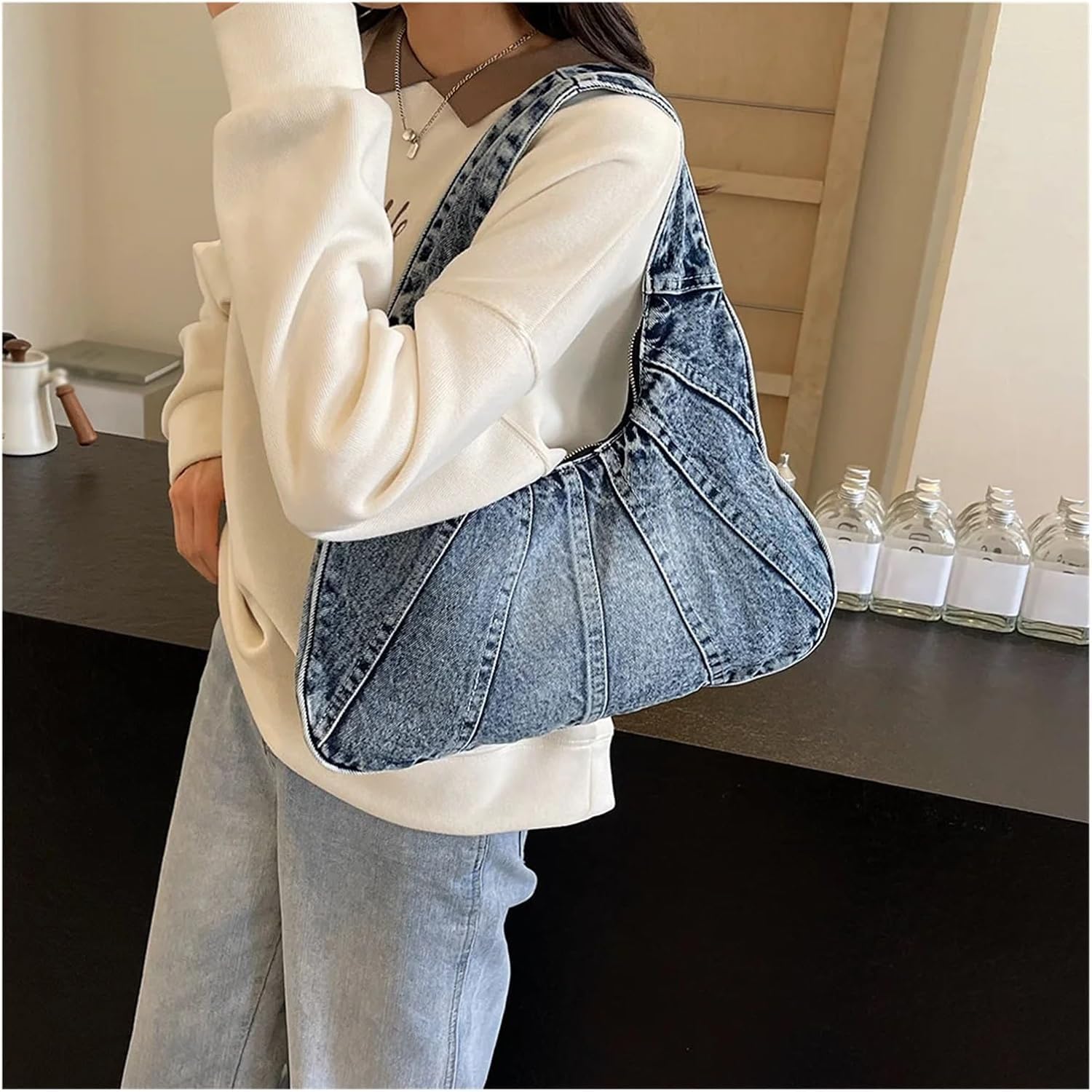 Borsa Jeans Donna Borsa in denim hobo in da donna con cerniera pochette sotto ascella for shopping viaggio di lavoro
