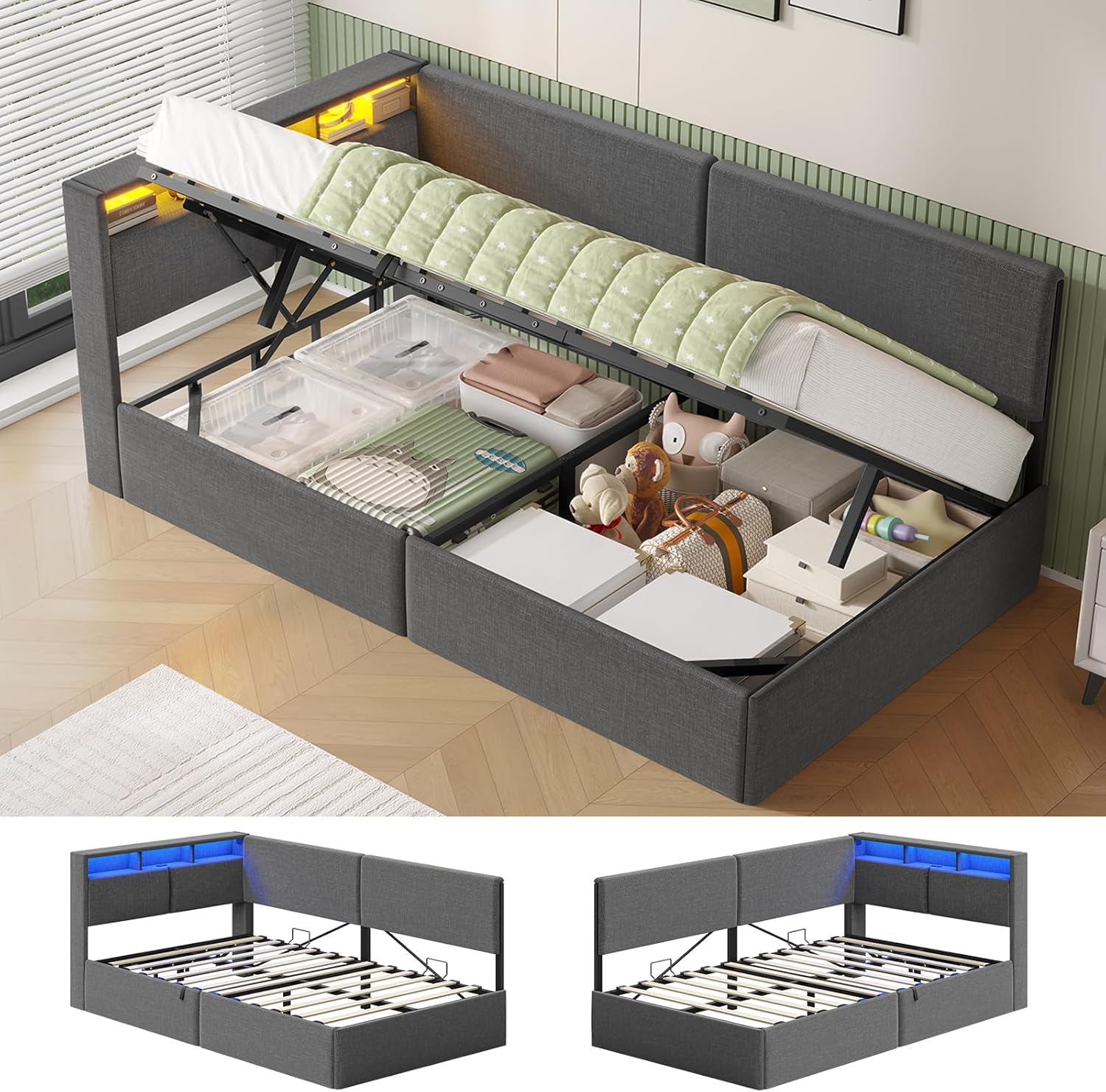 AOGLLATI Letto Singolo con Contenitore Idraulico 90x200, Divano Letto Singolo con Testiera Imbottita y Luce LED Regolabile, Struttura Letto Singolo con Stazione di Rricarica, Salvaspazio, Grigio Scuro
