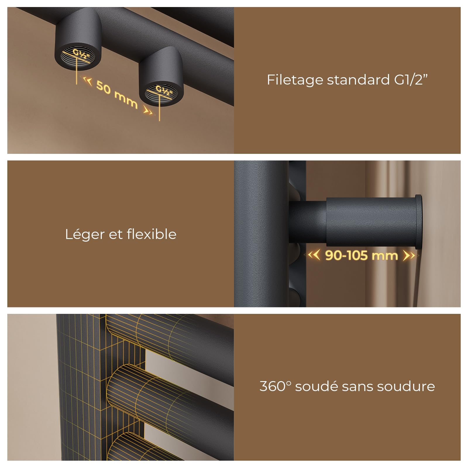 S'AFIELINA Radiateur de Salle de Bain 1600 x 500 mm, 654W, sèche serviette eau chaude, Sèche-Serviettes à Raccordement Central pour Eau Chaude, Anthracite(Sans valve thermostatique)