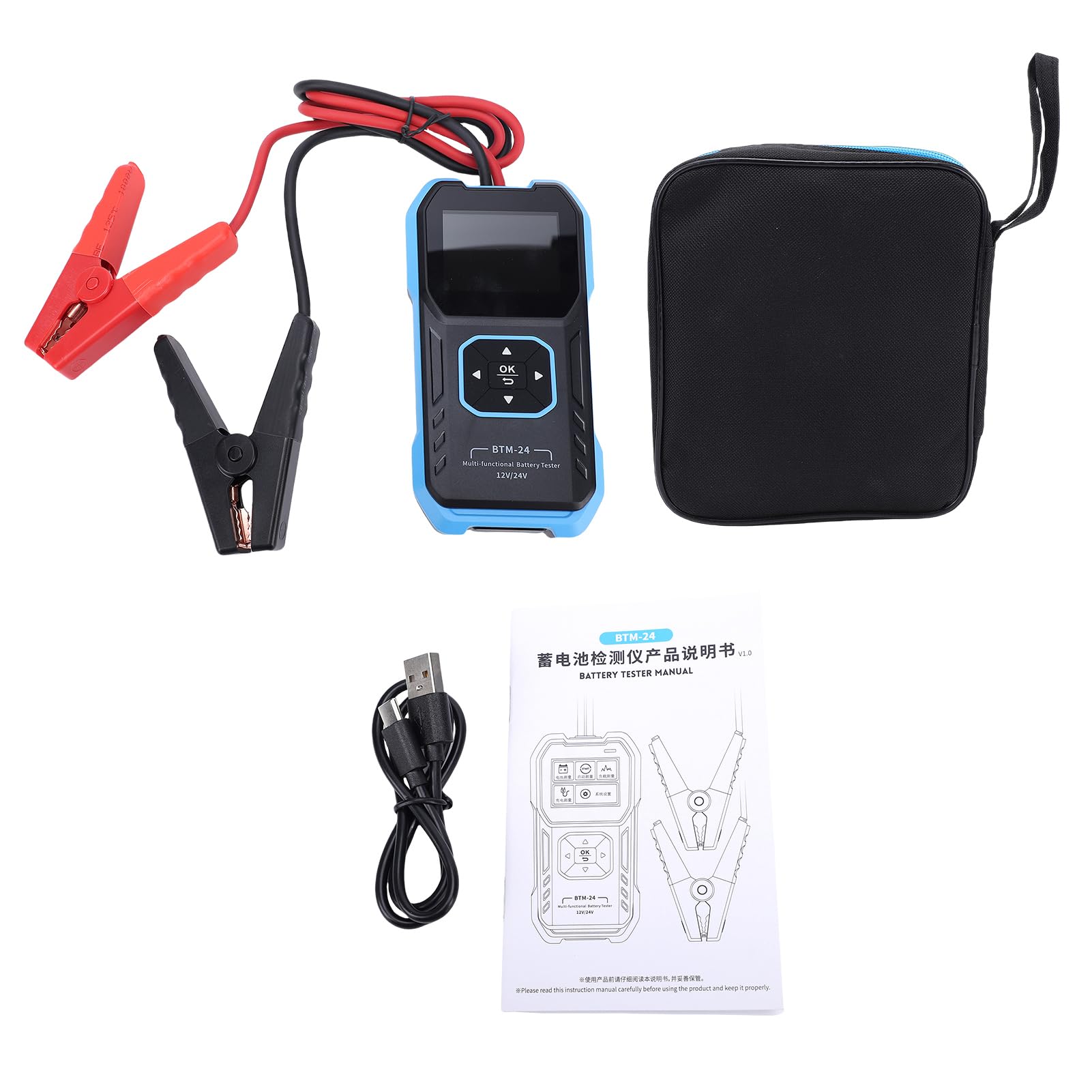 Jectse Präziser Multimeter-Batterietester mit Verbesserter Klemmsonde für Haushaltsbatterien in Autos. TFT-Farbdisplay für Einfache Lesbarkeit (BTM-24)
