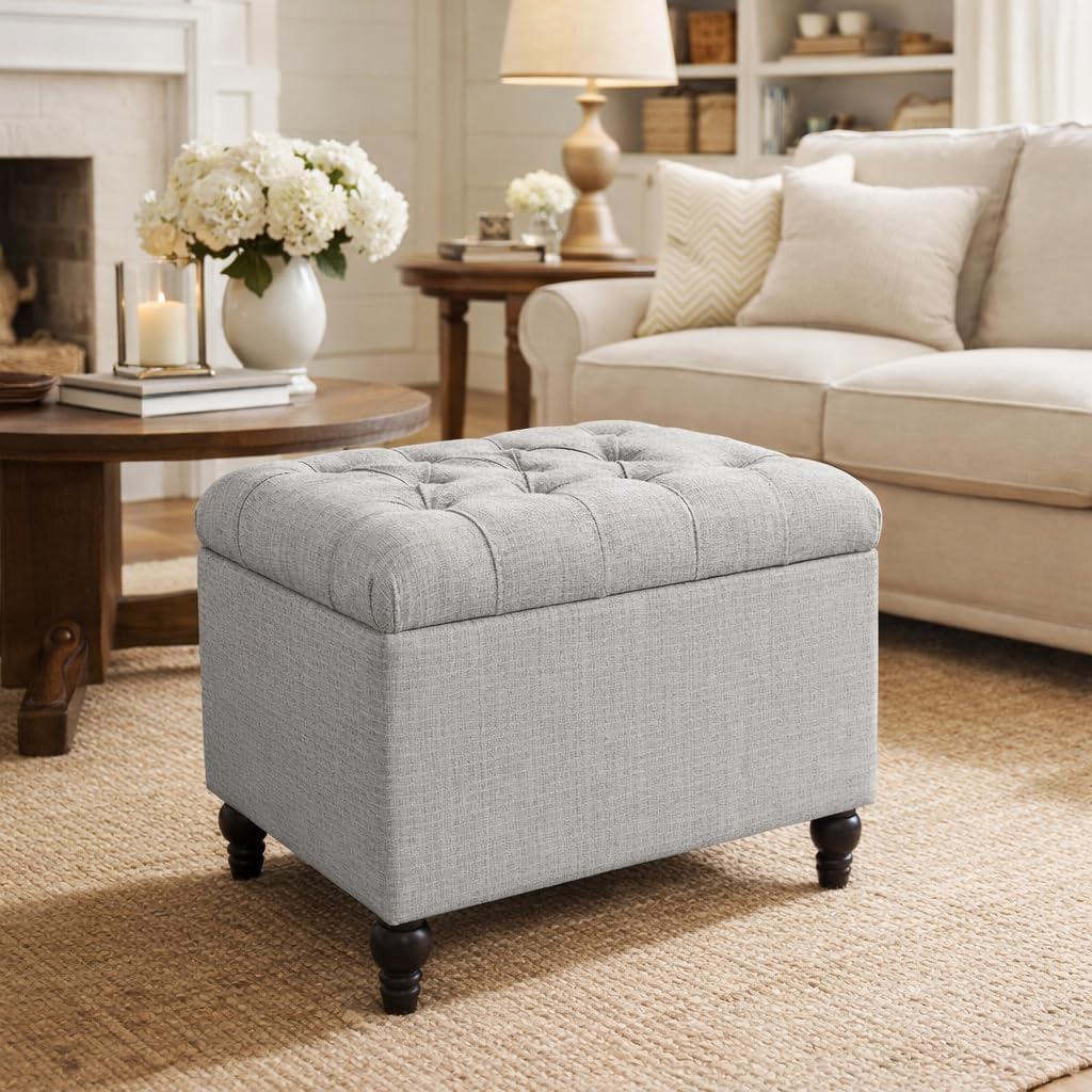Homepop Home Decor | Upholstered Button Tufted Storage Ottoman | Hinged Lid Ottoman with Storage for Living Room & Bedroom | Decorative Home Furniture (Grey) Medium