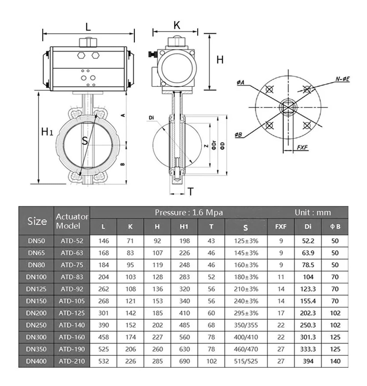 Válvula de Mariposa neumática de 1-1/2 ", válvula neumática Tipo oblea, Sello de PTFE de Acero Inoxidable 304, válvula de Mariposa neumática de sujeción