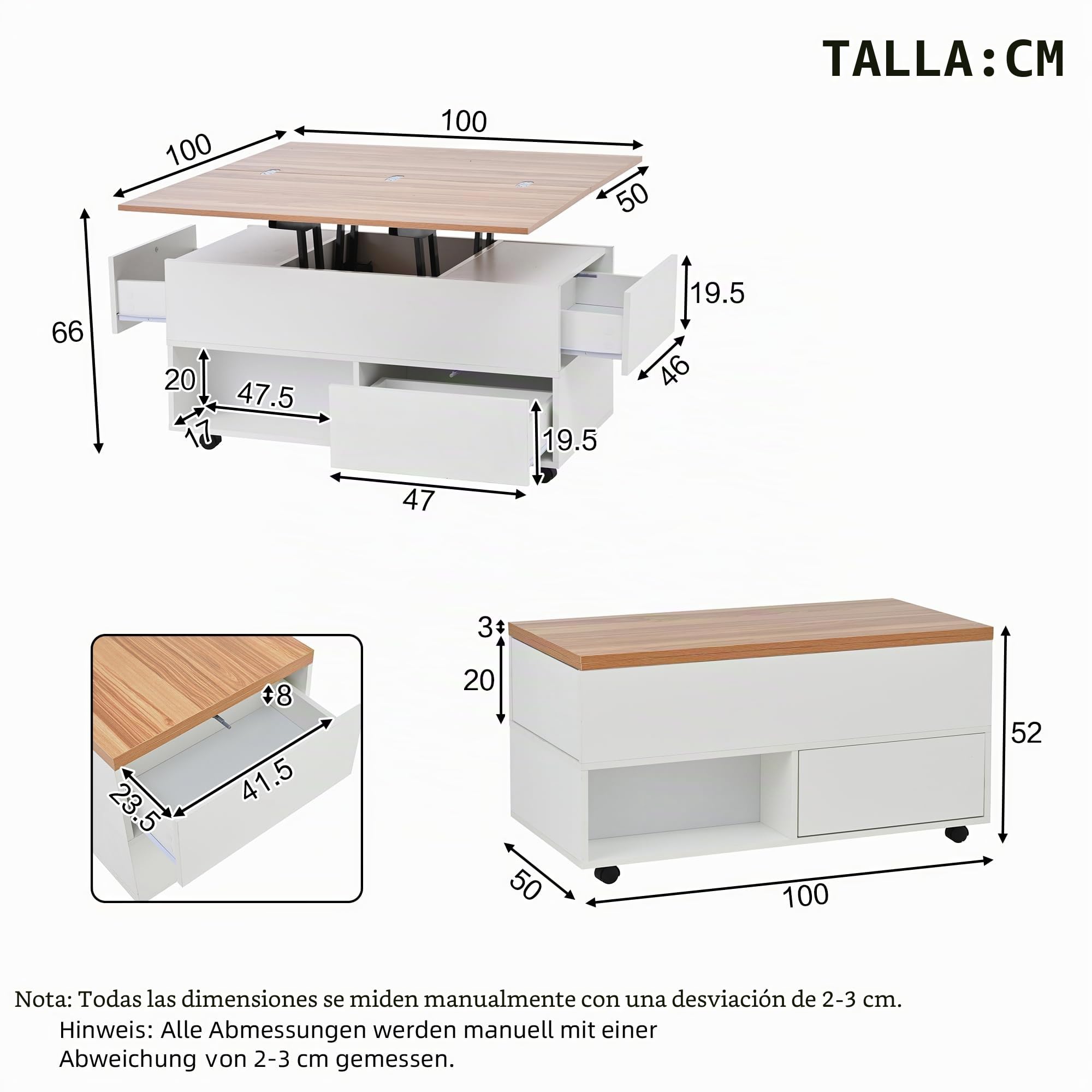 Mesa de centro 100 x 50 x 52 cm con 4 ruedas, mesa de salón multifuncional con 4 cajones, mesa de café elevable, mesa de sofá, mesa auxiliar y mesa de comedor con espacio de almacenamiento, color
