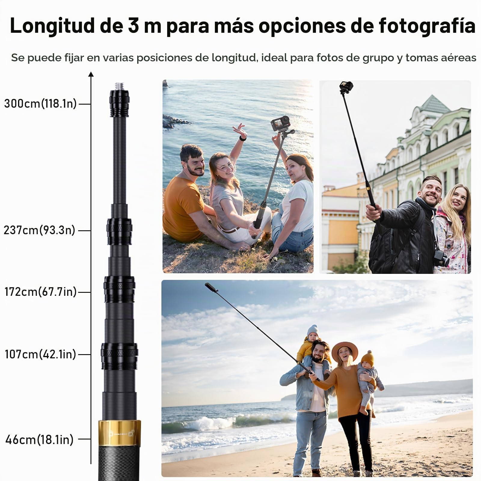 Palo selfie invisible de 3 m, 300 cm, para Insta 360, X5, X4, X3, X6, DJI