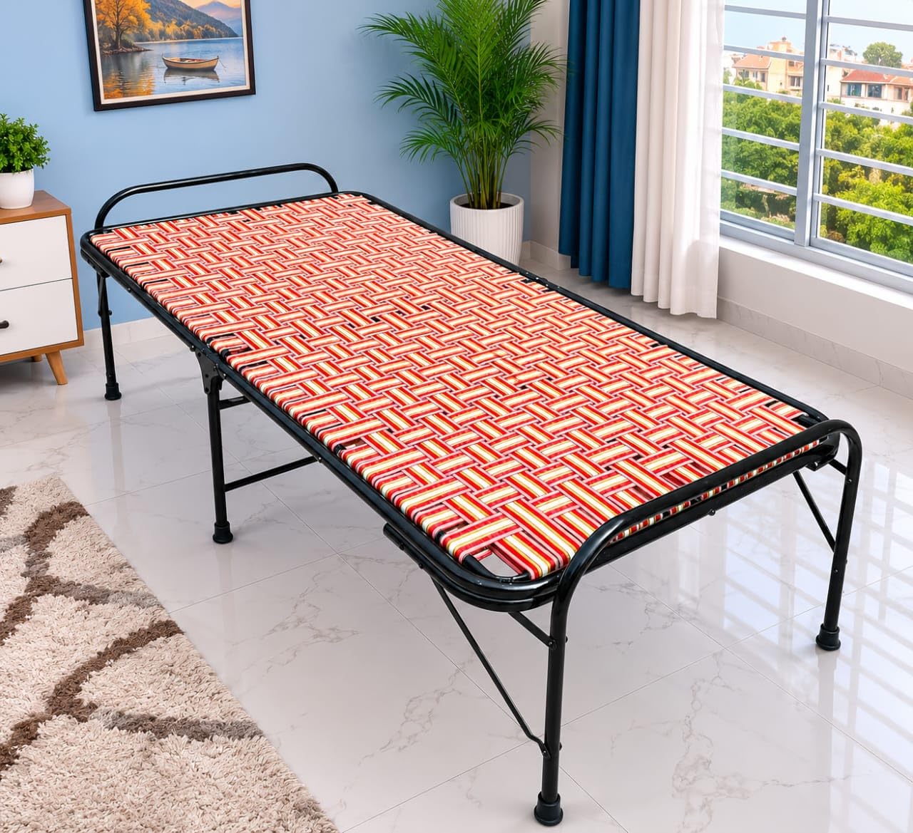 Heavy Duty Folding Metal Bed with Nylon Niwar, 3 x 6 FT | Double Layer Niwar, Strong Steel Frame, Space Saving Design, Portable Single Cot, Multicolour-image-25