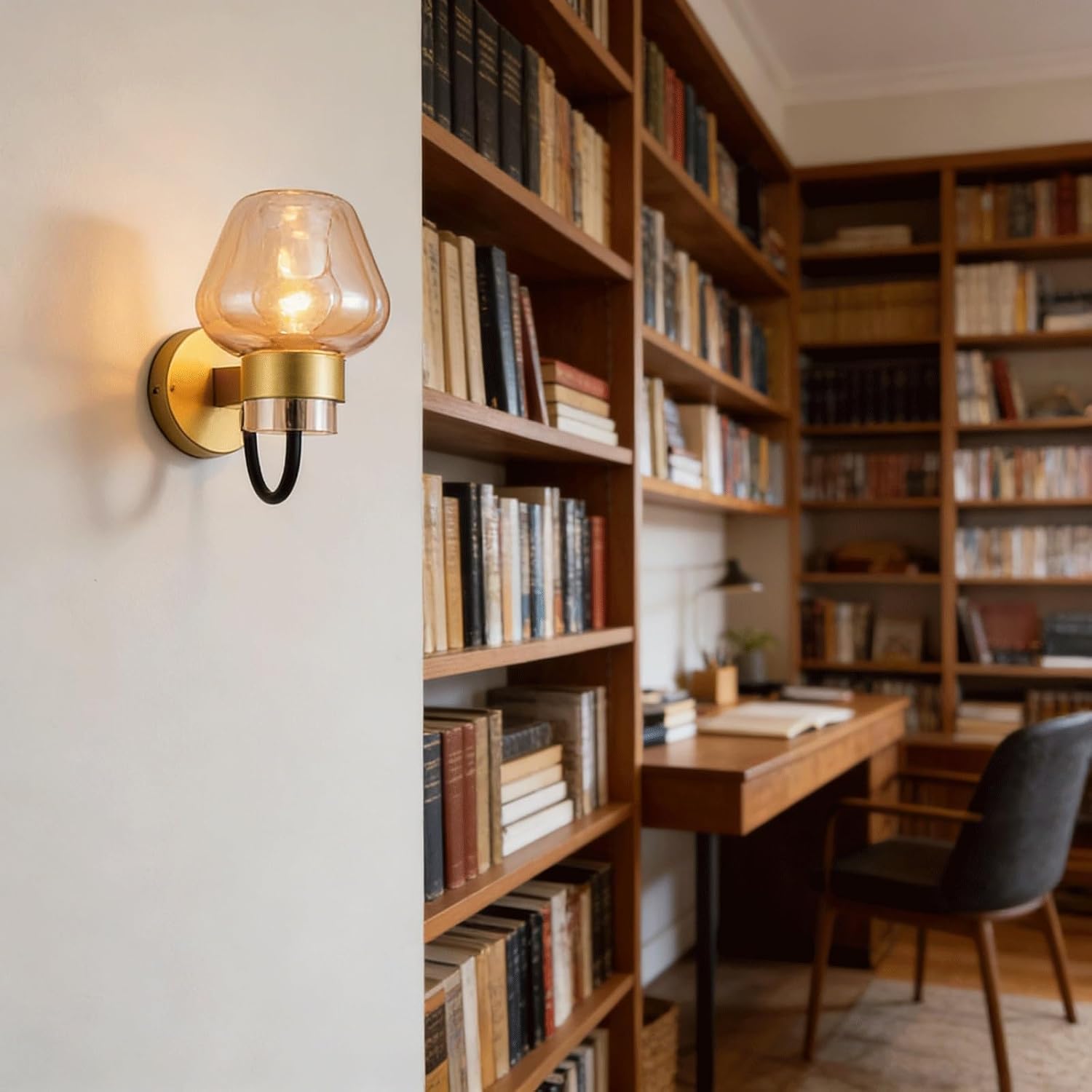 Nordic Wall Sconce with Copper Body and Amber Glass Shade, Retro Wall Light, Mounted Indoor Fixture for Bedroom, Living Room, Hallway, Restaurant, Entryway, Hotel, Lobby Parlor