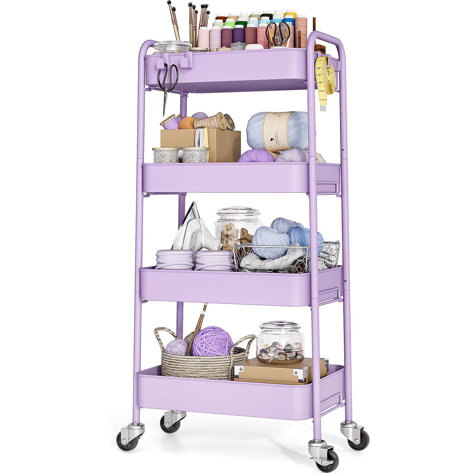 TOOLF 4 Tier Metal Rolling Cart, Utility Storage Cart with Wheels, Purple
