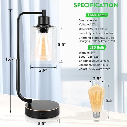 Miniatura 4 de Juego de 2 lámparas de mesa industriales con control táctil lámparas de noche con 2 puertos USB lámpara de mesita de noche regulable de 3 vías con