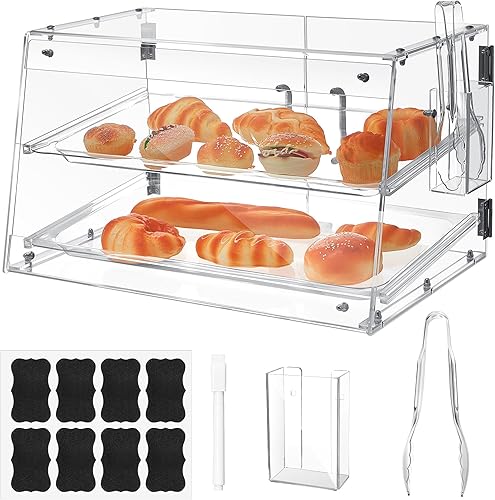 Jinei Bandeja de acrílico de 2 niveles, vitrina de panadería y pastelería con puerta trasera delantera y trasera, vitrina transparente con pinzas