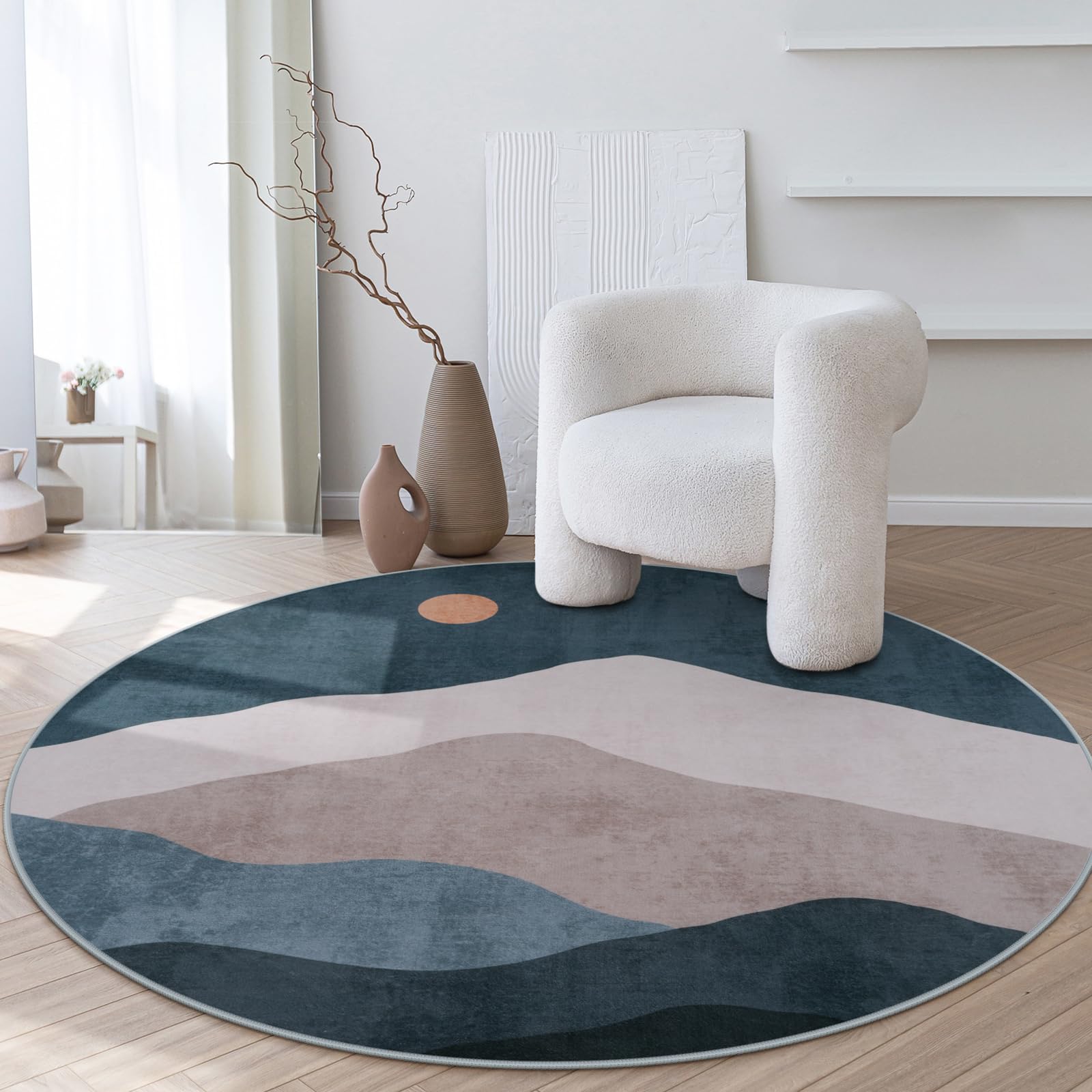 Sungea 5ft Boho Round Classroom Rug,Abstract Washable Non-Slip Mountain Area Circle Rug,Soft Mountain Low-Pile Circle Throw Rugs for Living Room Sofa