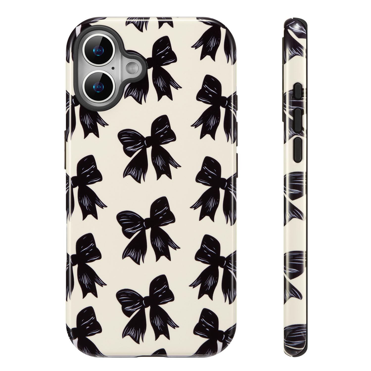 QLTYPRI Case for iPhone 17, Aesthetic Black Ribbon Bow Phone Case for Girls Women, Protective Hybrid 2-Layer Hard Shell Silicone Cover Durable Shockproof Phone Cover - Beige