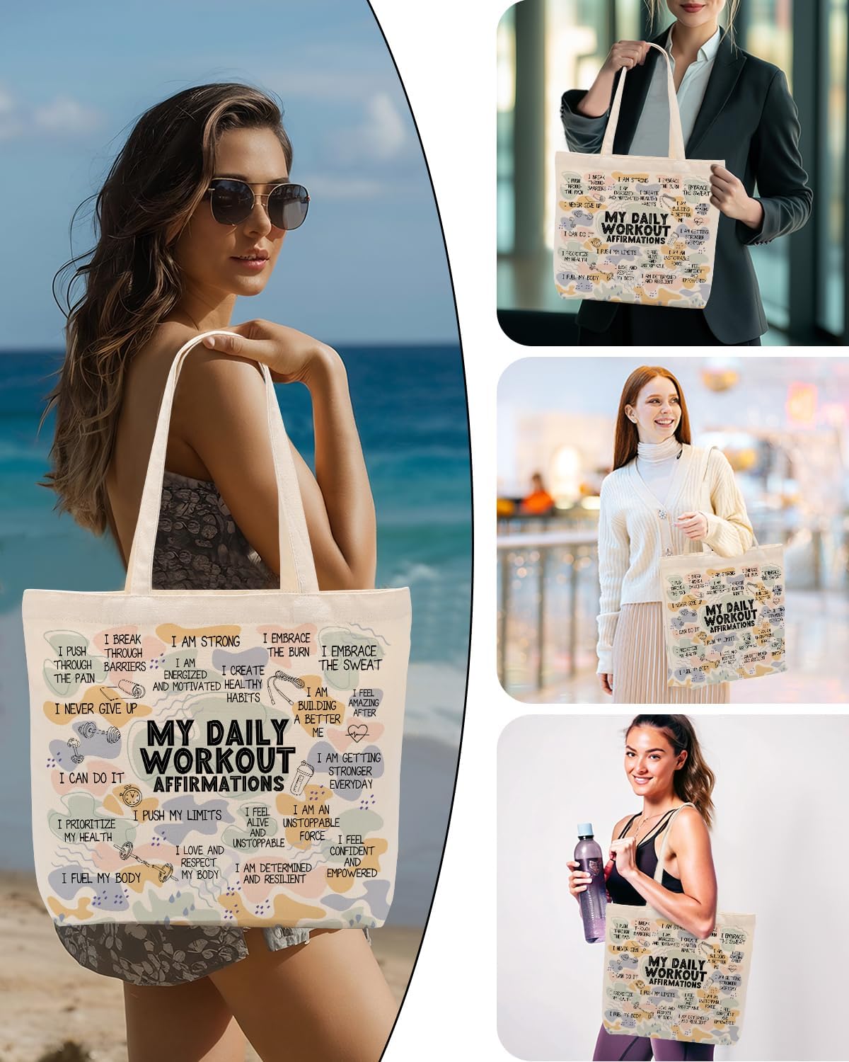 Self Love Daily Affirmations for Women, Inspirational Mom Teacher Nurse Christian Gifts Canvas Tote Bag with Pocket - Image 6