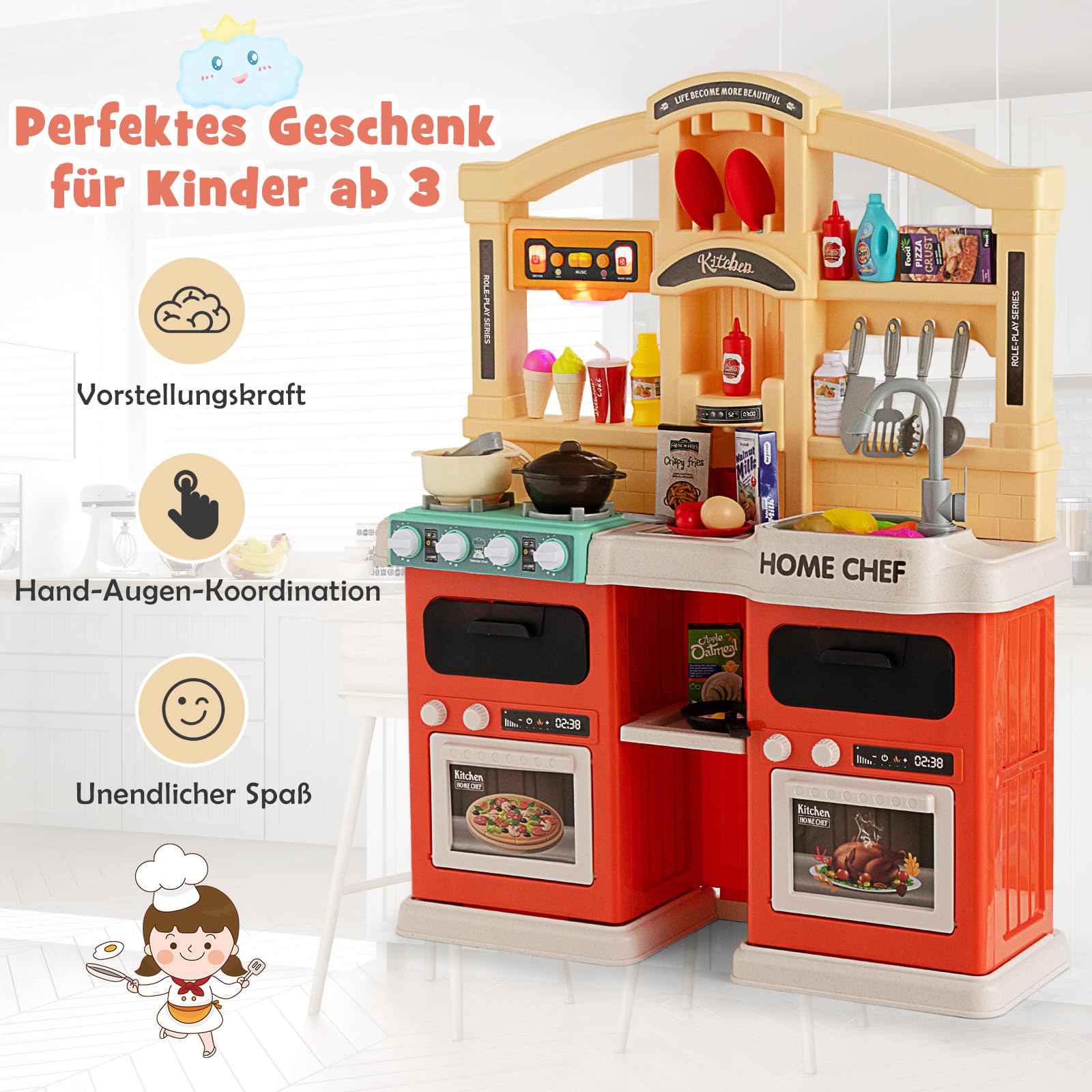 DREAMADE Kinderküche mit 42 TLG. Zubehör, Kinderspielküche mit Licht und Sound, Dampf, Wasser, Spüle, Wasserhahn, Herd, Backofen, Spielzeugküche, Spielküche für Kinder ab 3 Jahren (Orange)
